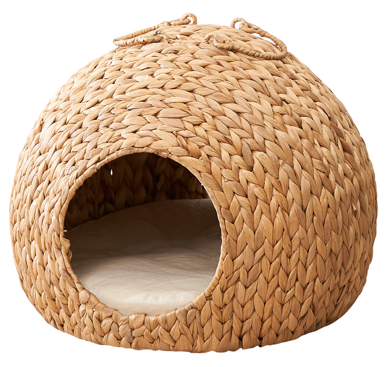 Gertrude Water Hyacinth Woven Wicker Round Cat Bed Cave With Handles 18" X 18" X 18" For Any Size Cat Breeds, Chihuahua And Use With Cat Tower Light Brown Wicker Water Hyacinth