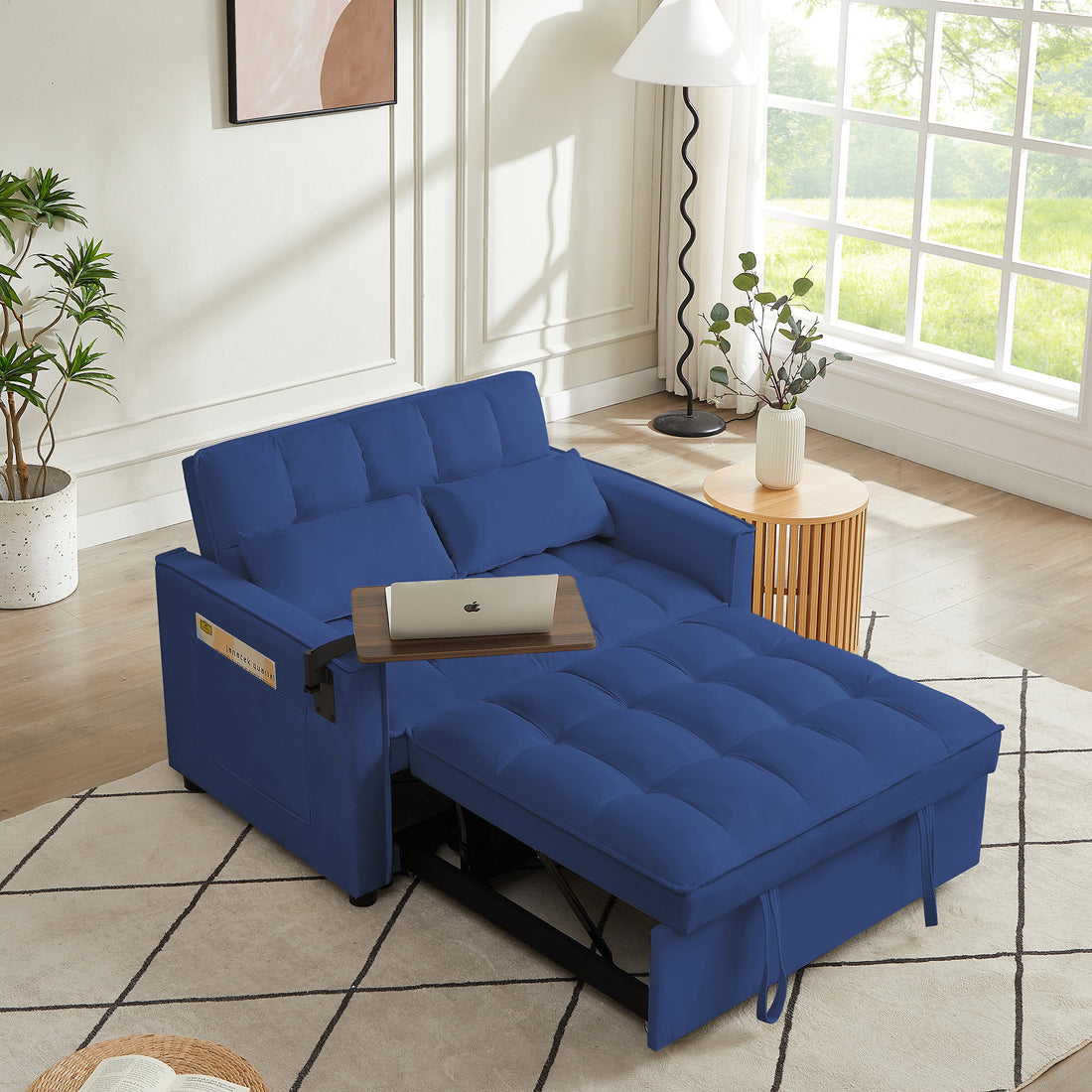 Blue Velvet Loveseat Sofa Bed Blue Wood Tufted Back Square Arms Foam Velvet 2 Seat