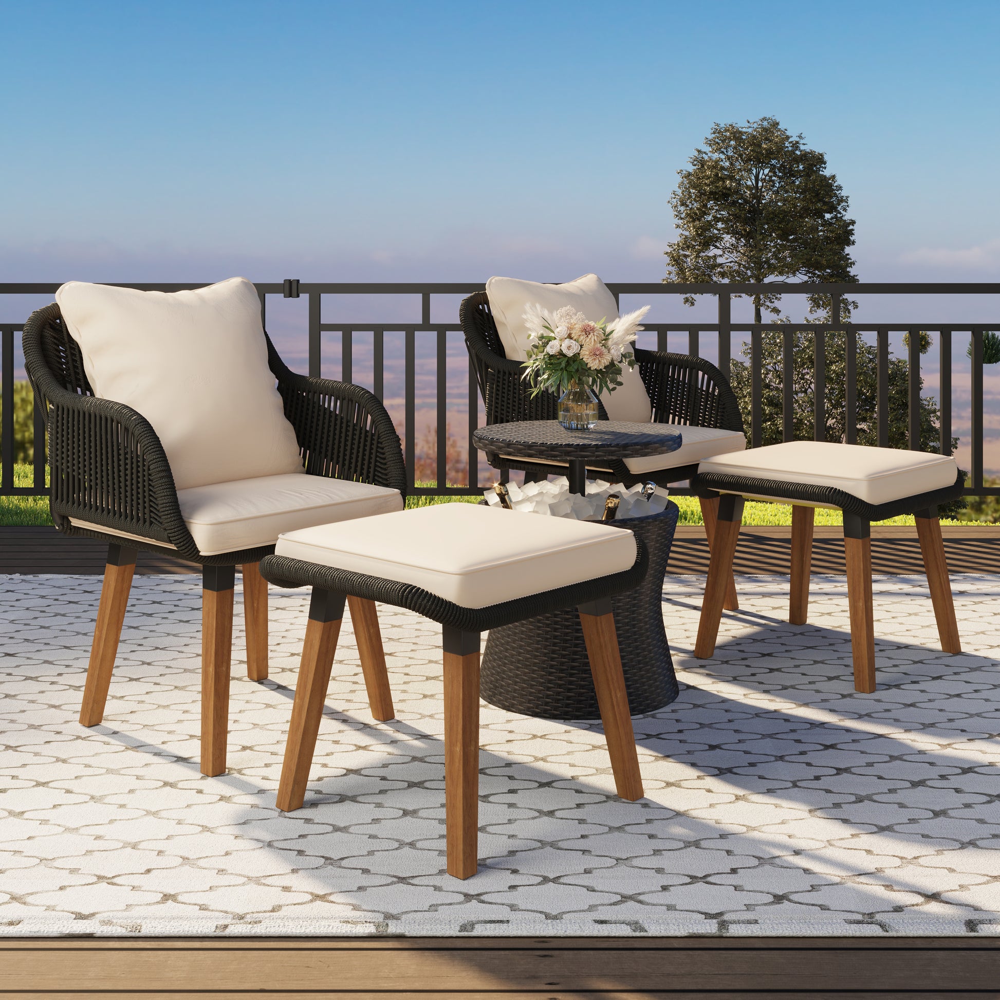 K&K 5 Pieces Patio Furniture Chair Sets, Patio Conversation Set With Wicker Cool Bar Table, Ottomans,Outdoor Furniture Bistro Sets For Porch,Backyard,Balcony,Poolside Black&Beige Yes Complete Patio Set Beige Black Weather Resistant Frame Fade Resistant