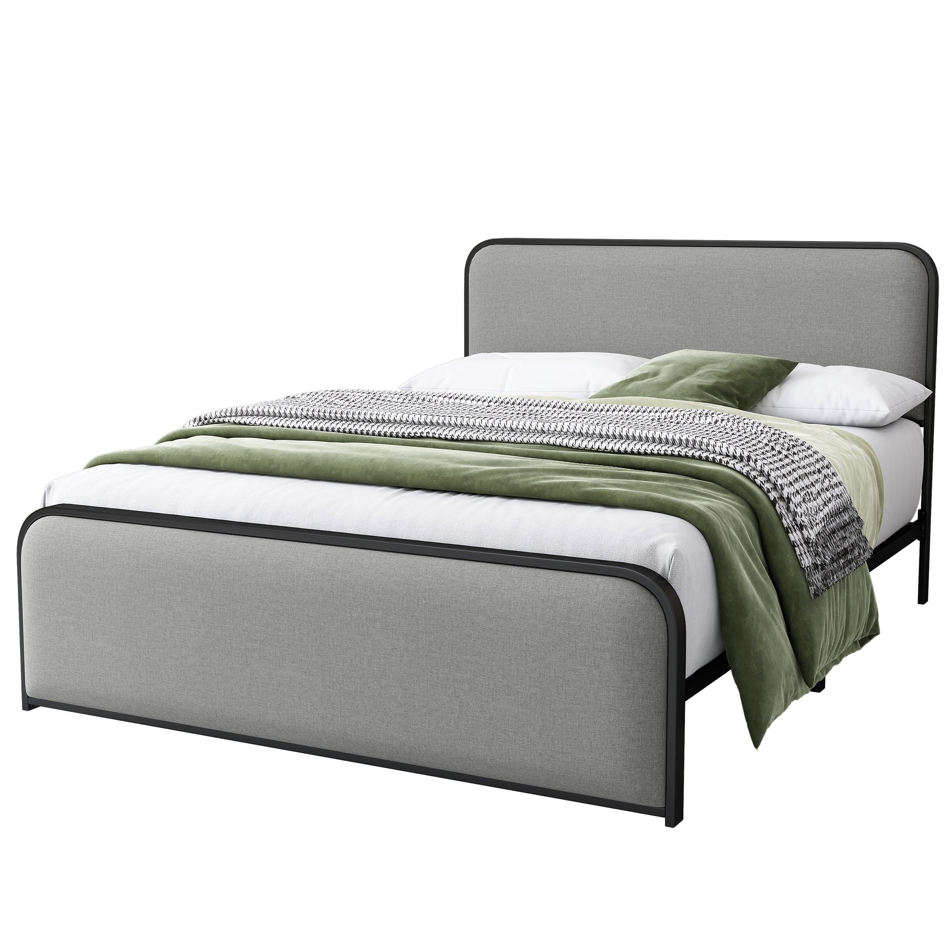 Modern Metal Bed Frame With Curved Upholstered Headboard And Footboard Bed With Under Bed Storage, Heavy Duty Metal Slats, Queen Size, Grey Grey Metal Modern Metal