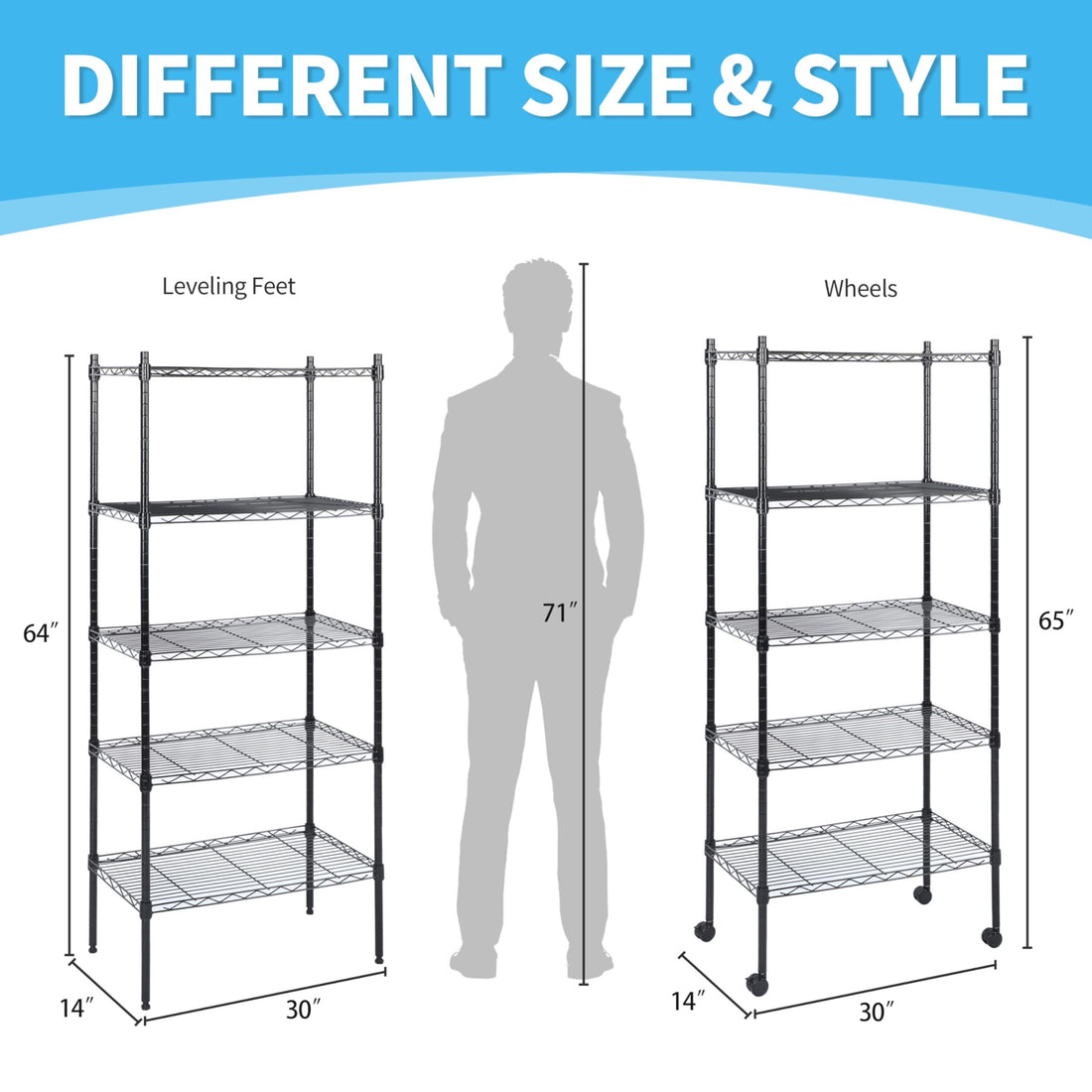 Heavy Duty 5 Tier Shelving Units Adjustable, Wire Shelf With 1000 Lbs Capacity 250 Per Shelf , 30 "D X 14" W X 65 "H, Black, 5 Levels, Storage Shelf With Wheels & Leveling Feet 5 Black Office Metal Adjustable Shelves Iron