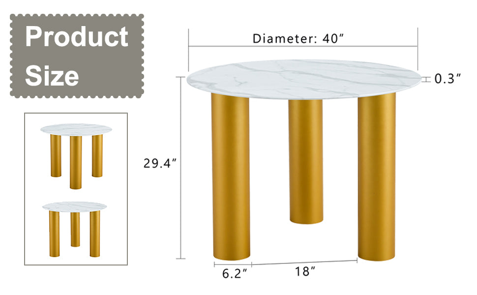 Round White Dining Table, Artificial Marble Glass Stickers, Golden Mdf Legs, Kitchen Dining Table, Living Room Dining Table 40 "* 40" * 29.4 "F X03 White Mdf