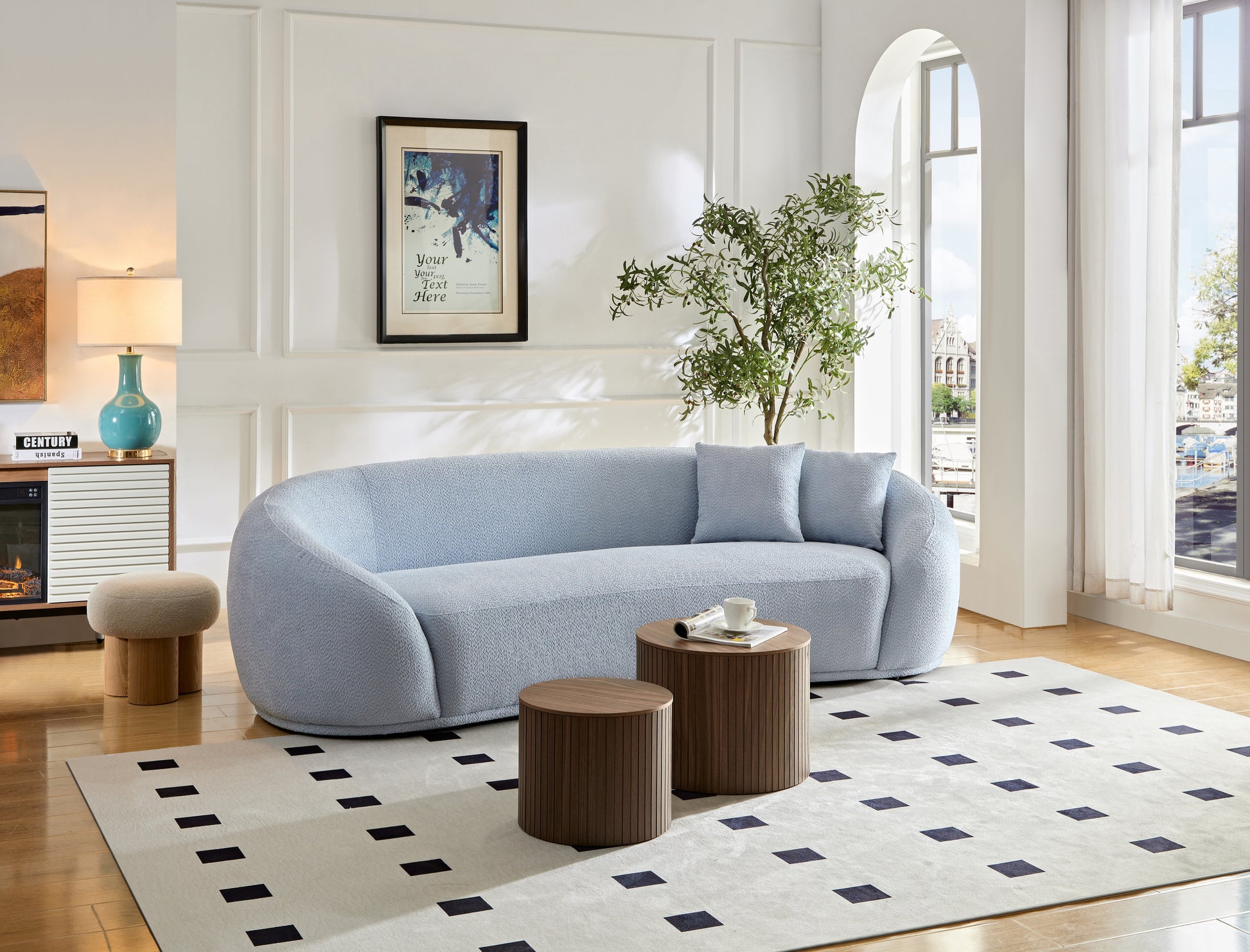 3 Seater Sofa Modern Combination Half Moon Casual Teddy Wool Sofa Curved Sofa, Blue Sky Blue Primary Living Space Medium Soft Delicate Duty Fabric 3 Seat