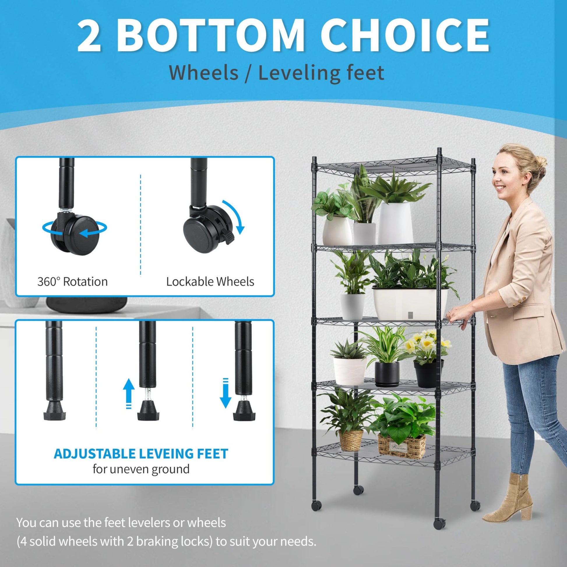 Heavy Duty 5 Tier Shelving Units Adjustable, Wire Shelf With 1000 Lbs Capacity 250 Per Shelf , 30 "D X 14" W X 65 "H, Black, 5 Levels, Storage Shelf With Wheels & Leveling Feet 5 Black Office Metal Adjustable Shelves Iron