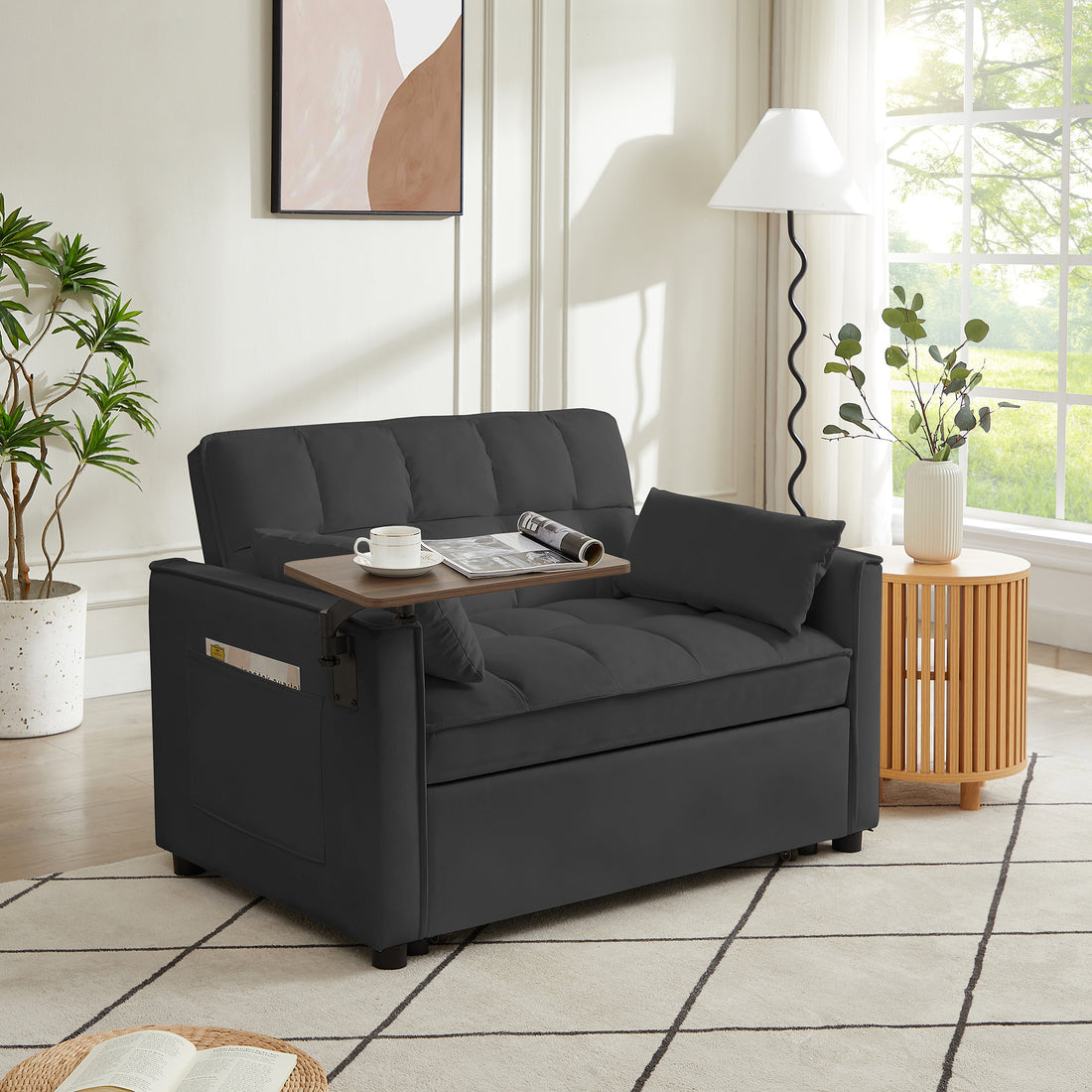 Black Velvet Loveseat Sofa Bed Black Wood Tufted Back Square Arms Foam Velvet 2 Seat
