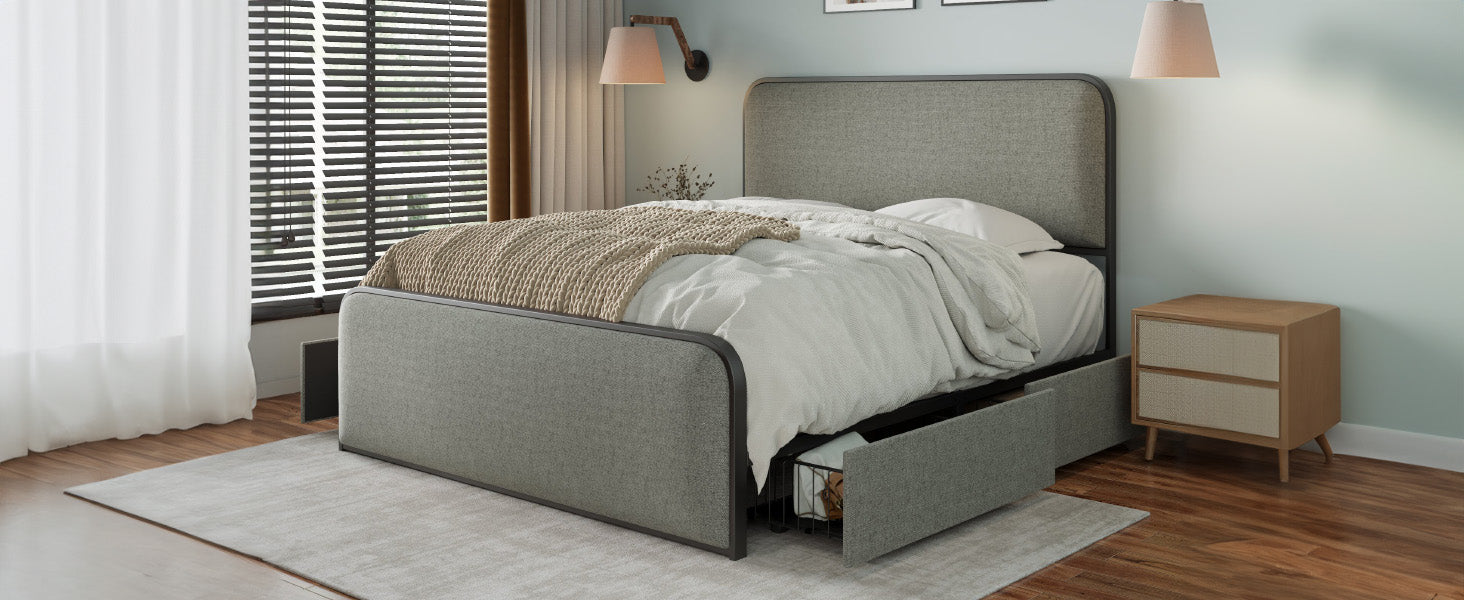 Modern Metal Bed Frame With Curved Upholstered Headboard And Footboard Bed With 4 Storage Drawers, Heavy Duty Metal Slats, King Size, Grey Grey Metal Modern Metal