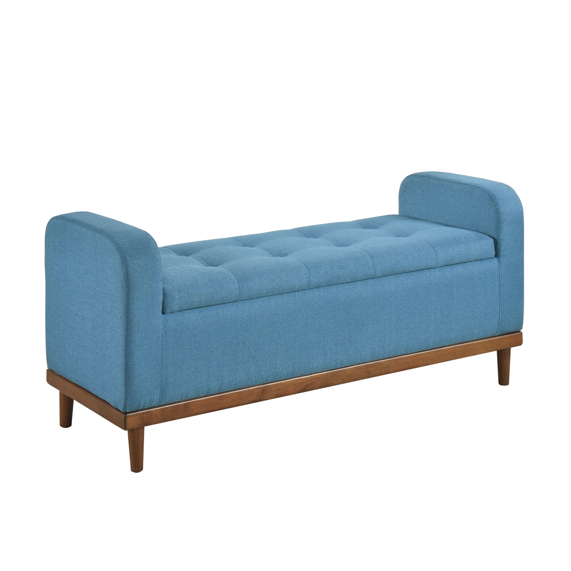 Mid Century Modern Lift Top Storage Bench 1Pc Tufted Blue Upholstered Solid Wood Walnut Finish Wooden Furniture Blue Bedroom Mid Century Modern Flip Top Wood