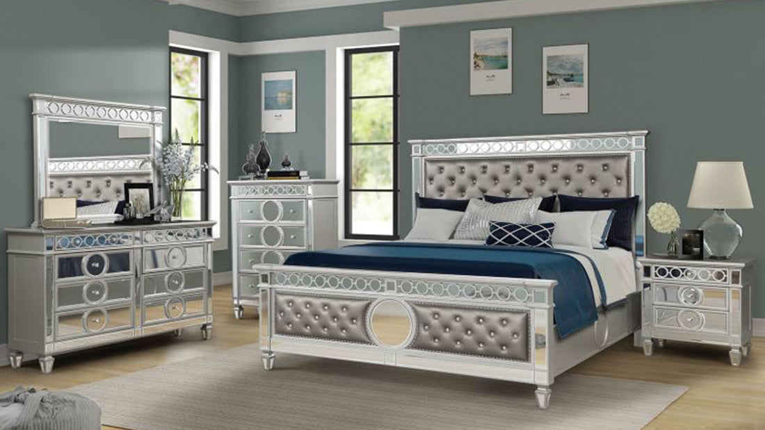 Symphony Modern Style Mirror Front King 5 Piece Upholstery Bedroom Set Made With Wood In Silver Box Spring Required King Silver Wood 5 Piece Set Bedroom Bed Included,Chest Included,Dresser Included,Mirror Included,Nightstand Included Modern Solid Wood