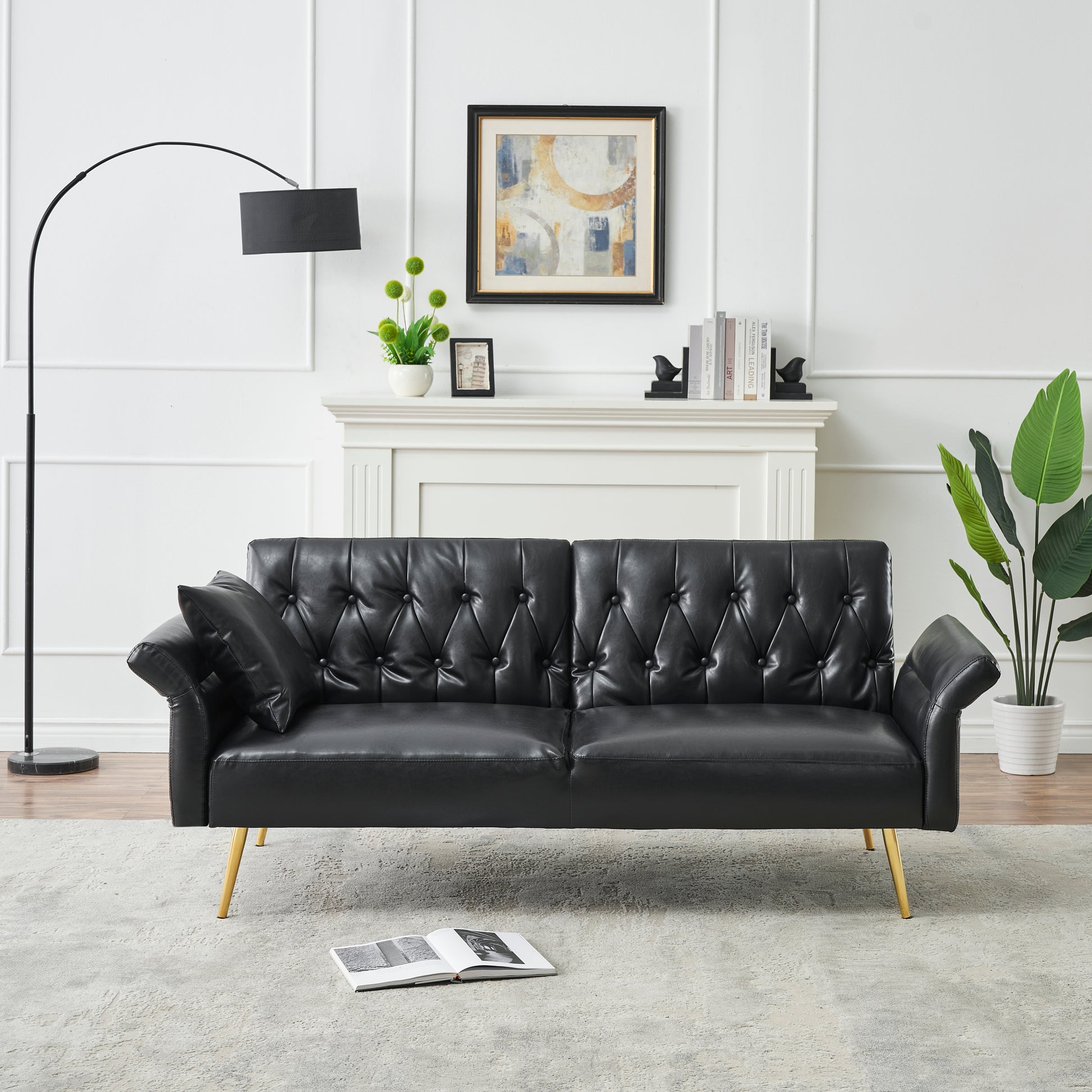 67.71 Inch Faux Leather Sofa Bed With Adjustment Armres Black Light Brown Faux Leather Wood Primary Living Space Medium Soft Loose Back Contemporary Eucalyptus Square Arms Foam Pvc 2 Seat