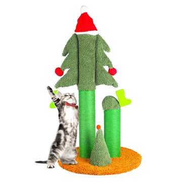 32'' Cat Scratching Post, Tall Christmas Tree Cat Scratcher With 3 Posts And Cute Dangling Teaser Balls, Natural Sisal Rope Cat Toys For Kitty And Adult Cats Green Cat Paper