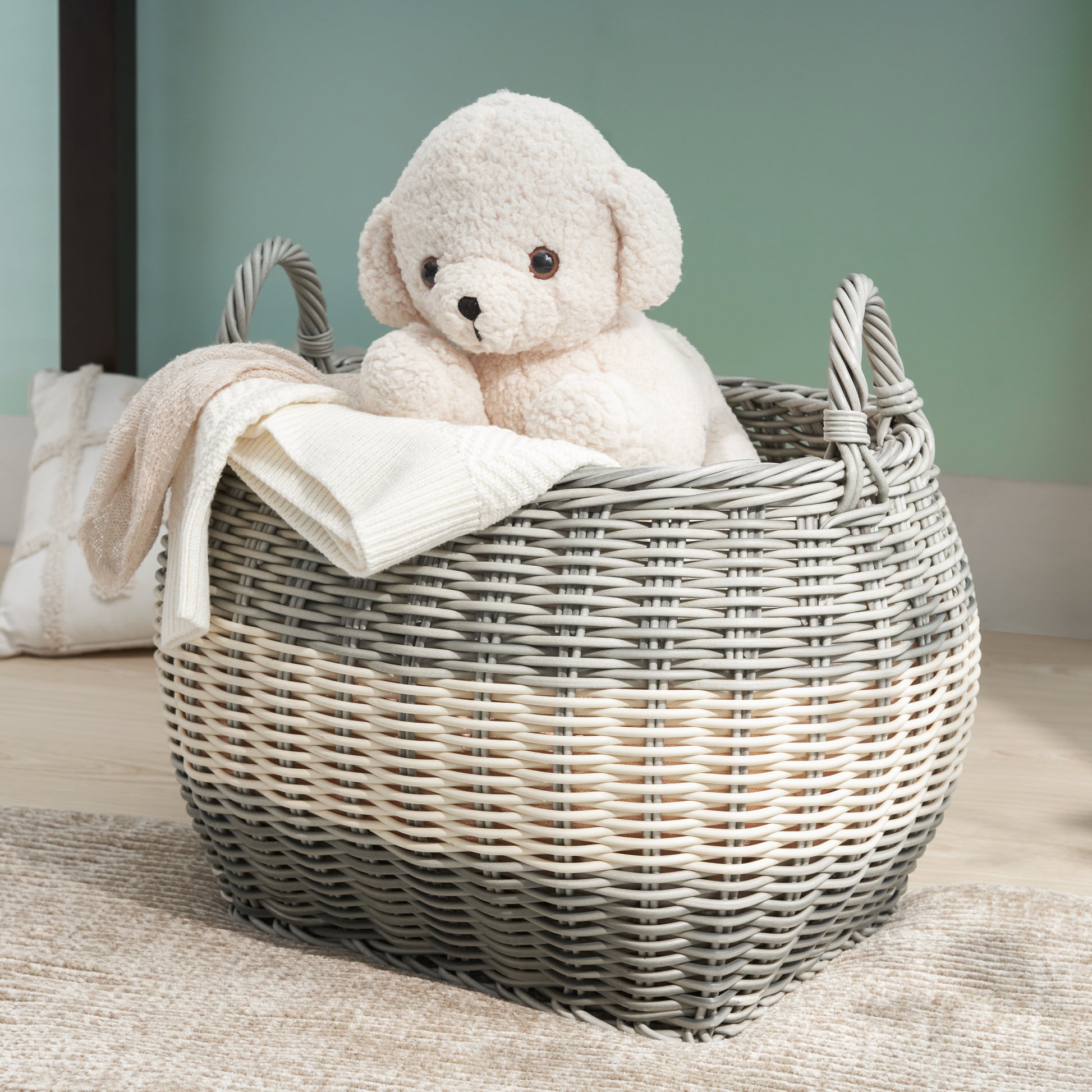 Zita Oval Resin Woven Wicker Multi Use Storage Basket With Handles 18" X 15" X 15" White Gray For Towel, Toys, Magazines Storage And Home Decoration Cream Grey Wicker Wicker