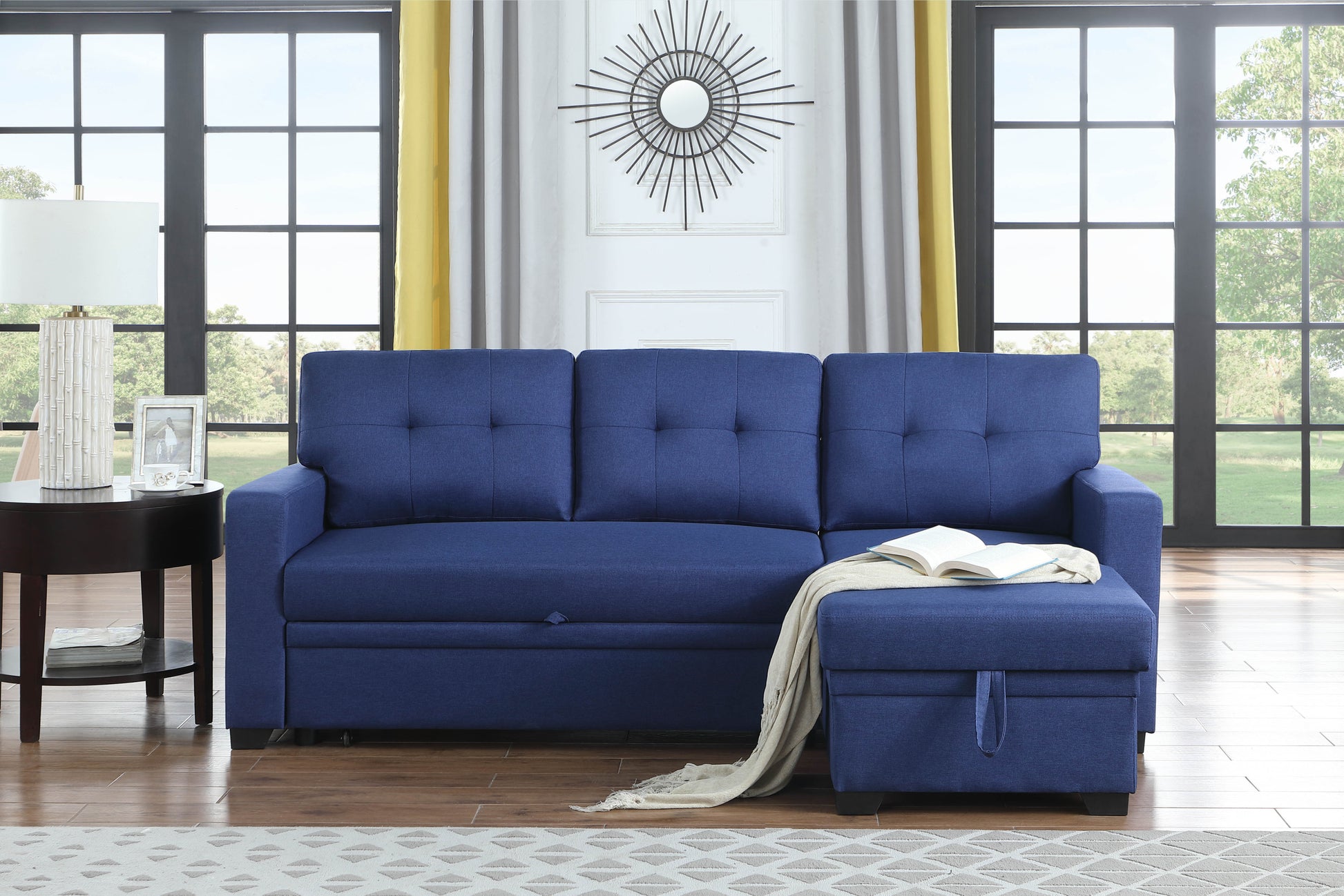 Upholstered Pull Out Sectional Sofa With Chaise Blue Foam Linen