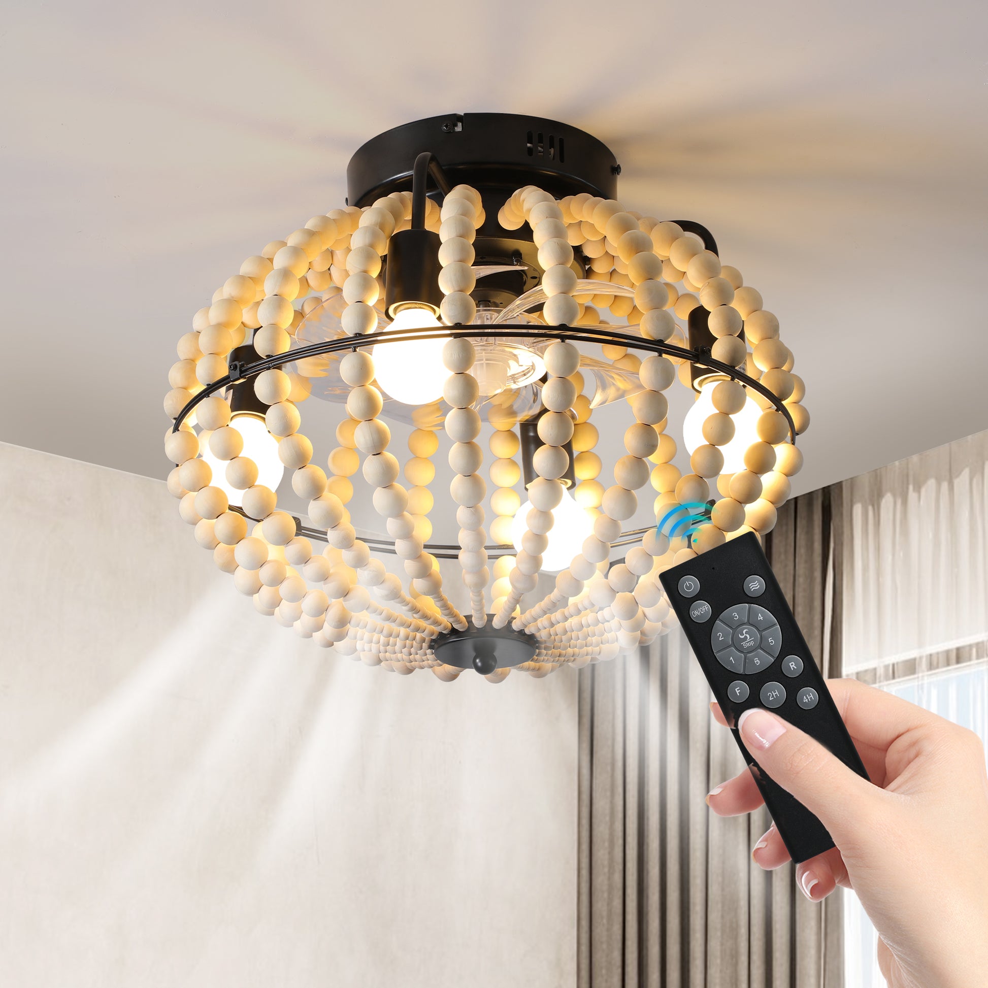 Beaded Fan Lamp Wood Beaded Chandelier Oak White White Modern Iron
