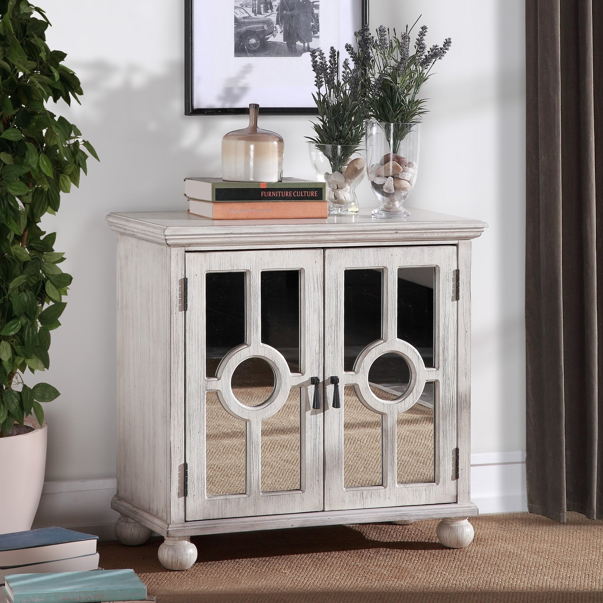 Classic Storage Cabinet Antique White 1Pc Modern Traditional Accent Chest With Mirror Doors Pendant Pulls Wooden Furniture Living Room Bedroom Accent Chests 1 2 Shelves Antique Antique White Primary Living Space Modern,Traditional Wood