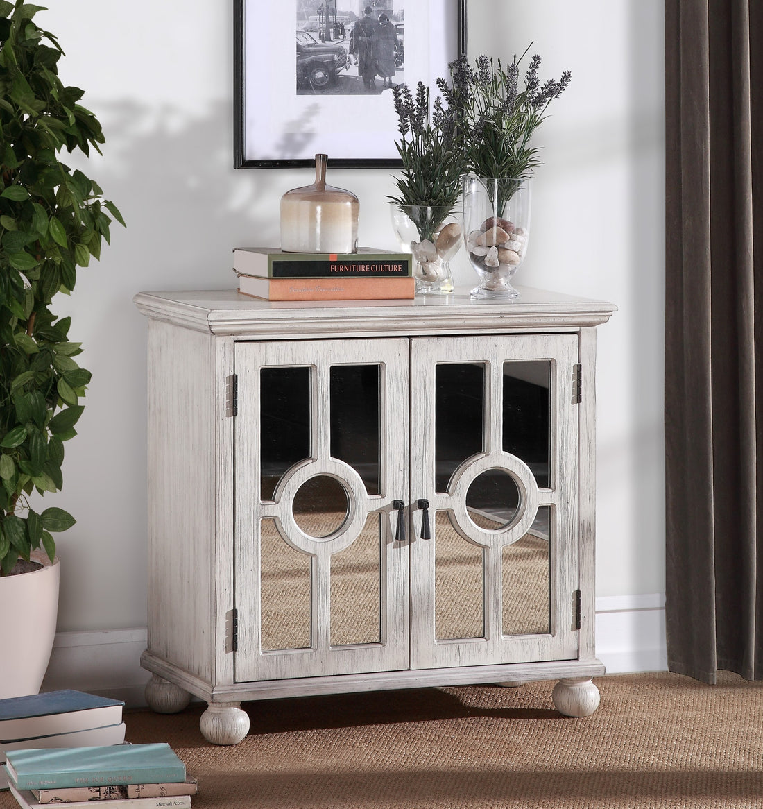 Classic Storage Cabinet Antique White 1Pc Modern Traditional Accent Chest With Mirror Doors Pendant Pulls Wooden Furniture Living Room Bedroom Accent Chests 1 2 Shelves Antique Antique White Primary Living Space Modern,Traditional Wood