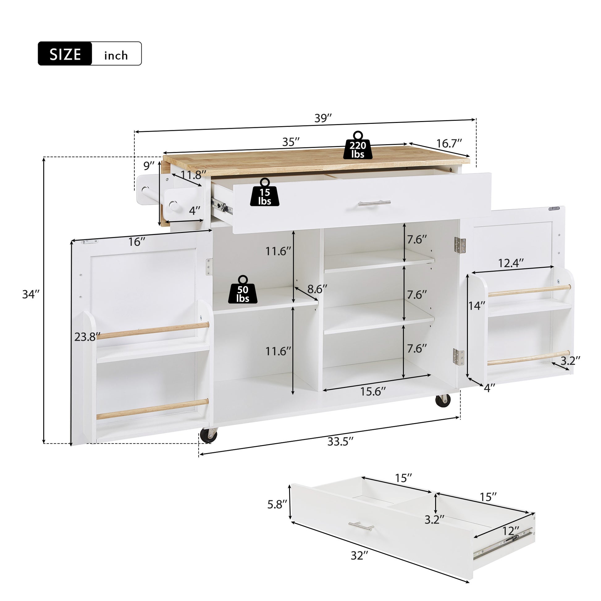 K&K Rolling Kitchen Island With Storage, Kitchen Cart With Rubber Wood Top, Spacious Drawer With Divider And Internal Storage Rack, Kitchen Island On Wheels With Adjustable Shelf Tower Rack, White White Kitchen Classic,European,Modern Rectangular Kitchen