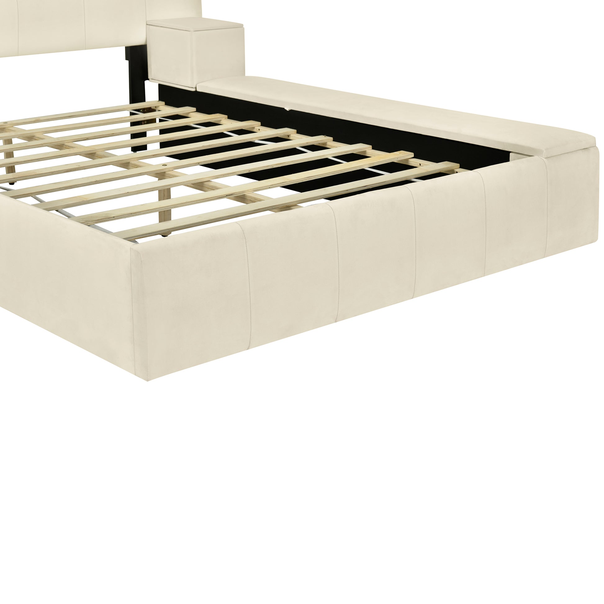 Full Size Upholstered Platform Bed With Lateral Storage Compartments And Thick Fabric, Velvet, Beige Beige Velvet