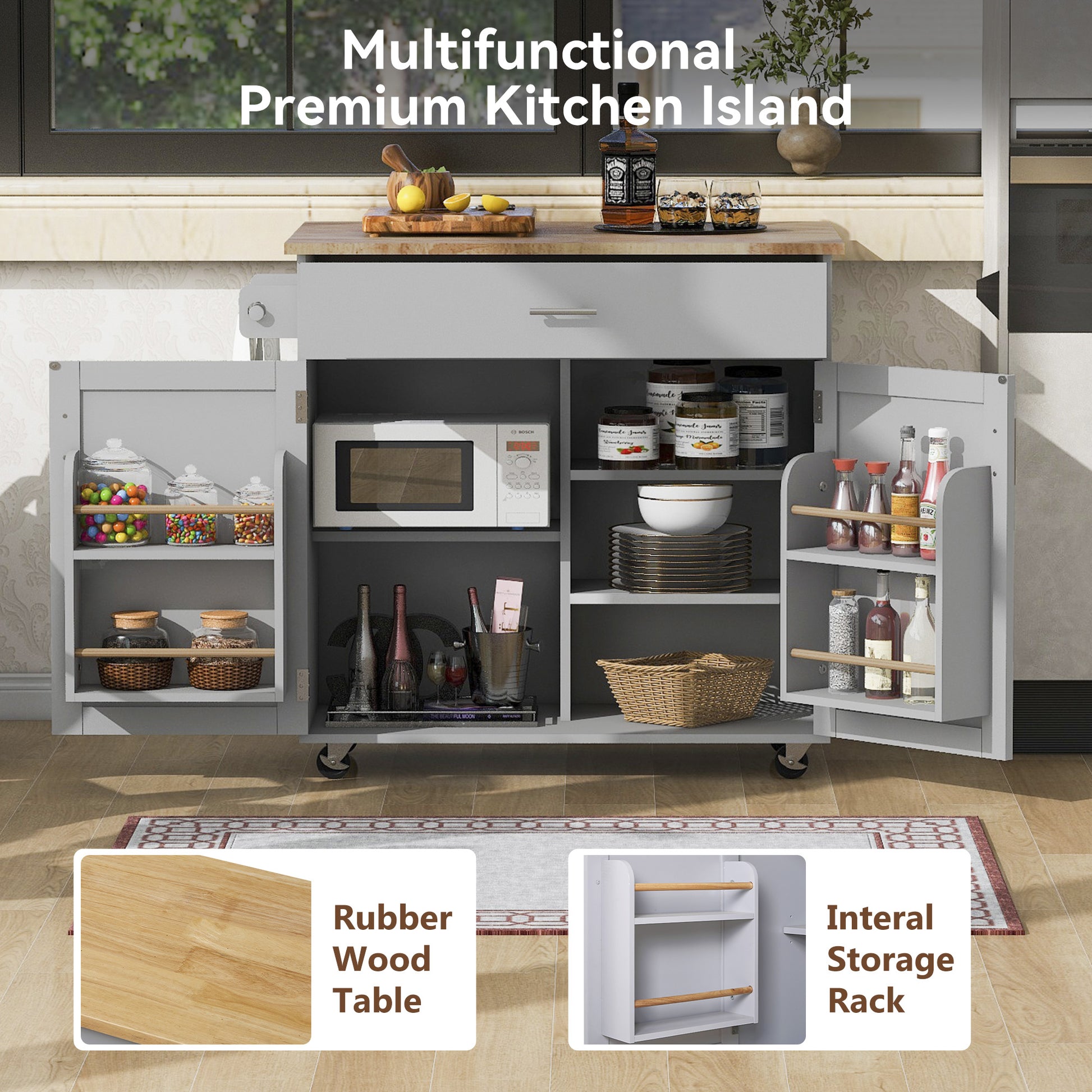 K&K Rolling Kitchen Island With Storage, Kitchen Cart With Rubber Wood Top, Spacious Drawer With Divider And Internal Storage Rack, Kitchen Island On Wheels With Adjustable Shelf Tower Rack, Grey Grey Kitchen Classic,European,Modern Rectangular Kitchen