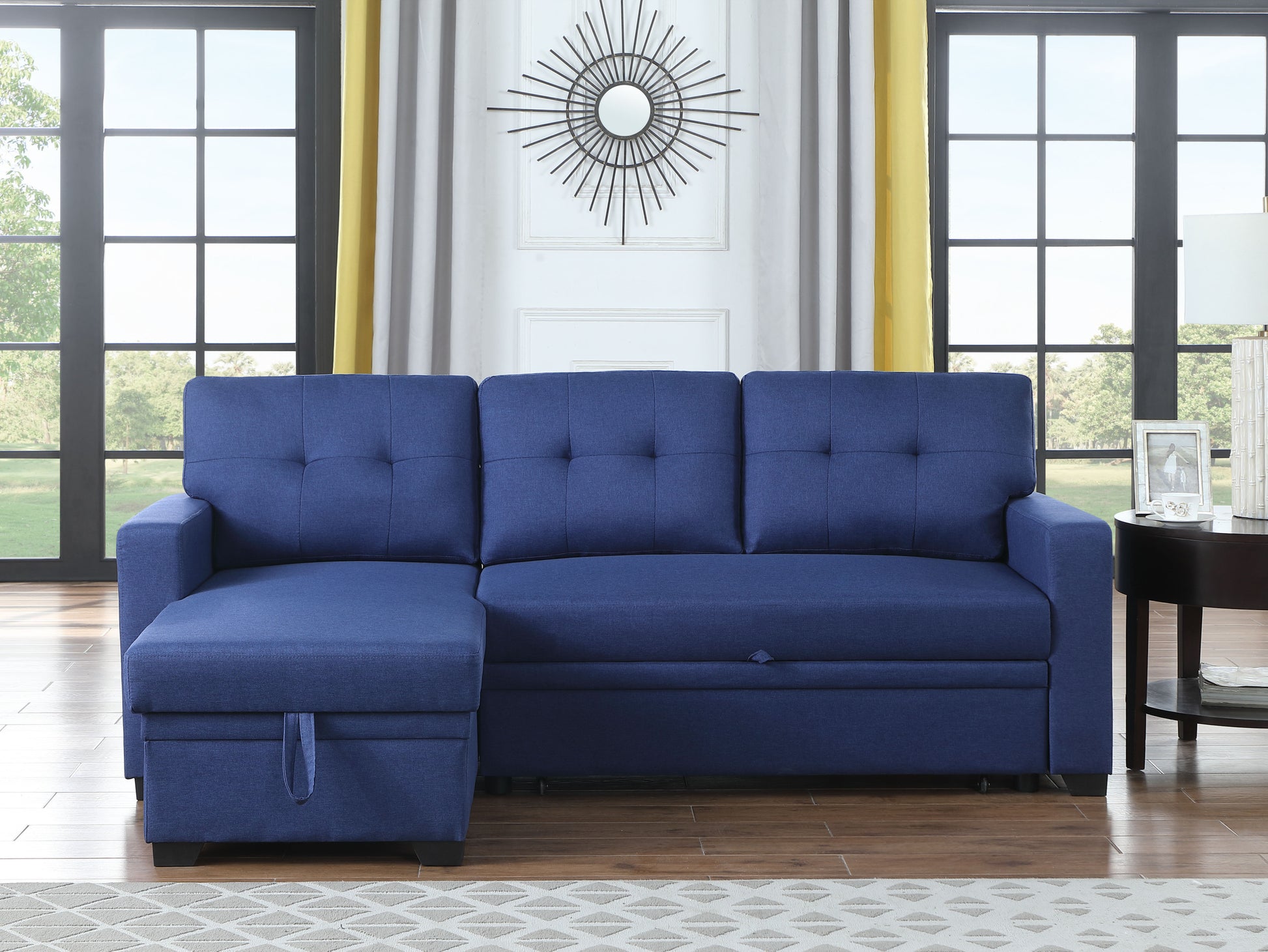 Upholstered Pull Out Sectional Sofa With Chaise Blue Foam Linen