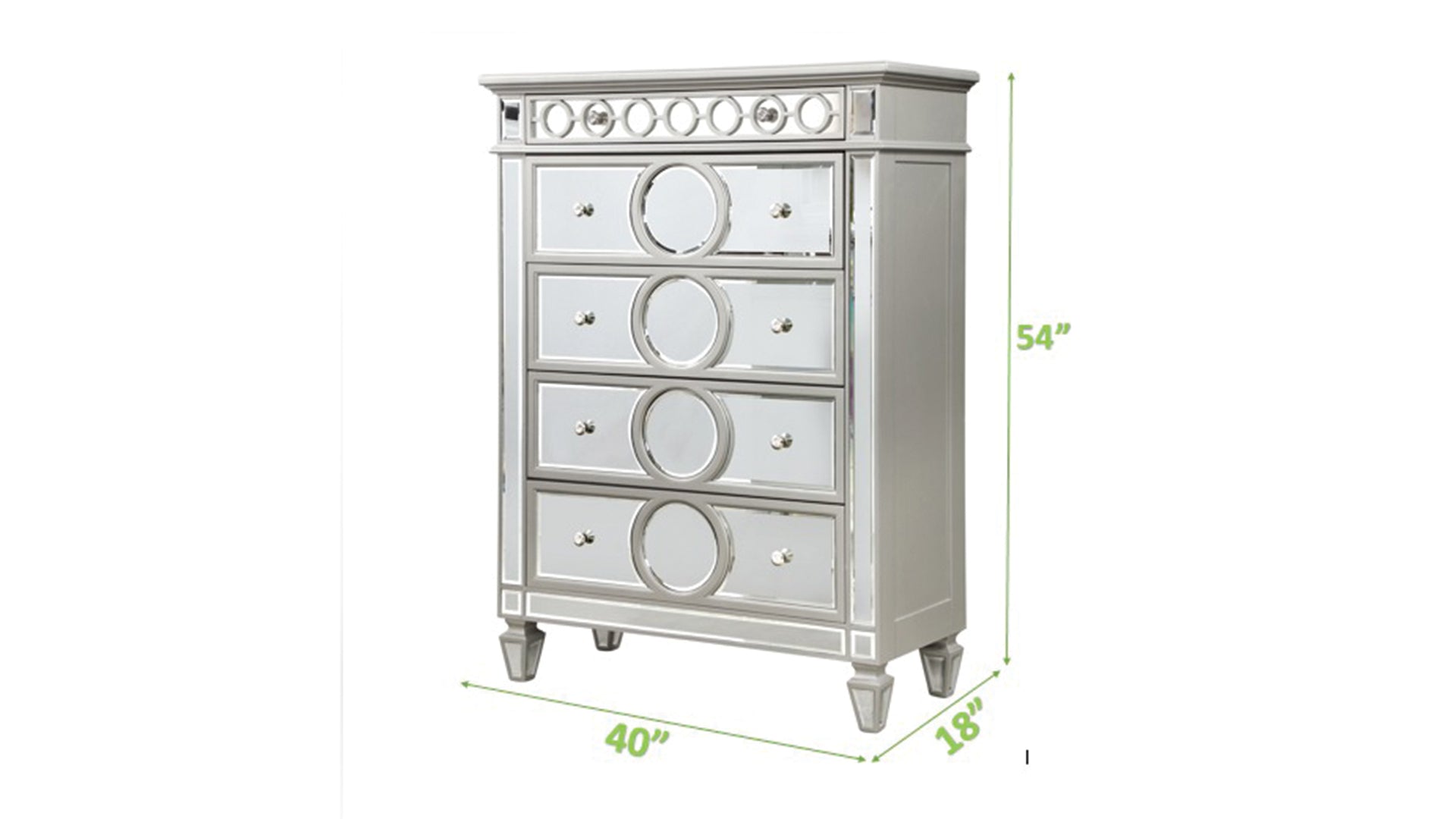 Symphony Modern Style Mirror Front 5 Drawer Chest With Diamond Shaped Legs And Made With Wood In Silver Silver Drawer 5 Drawers & Above Bedroom Ball Bearing Glides Modern Mirrored Finish Silver Solid Wood Mdf Wood