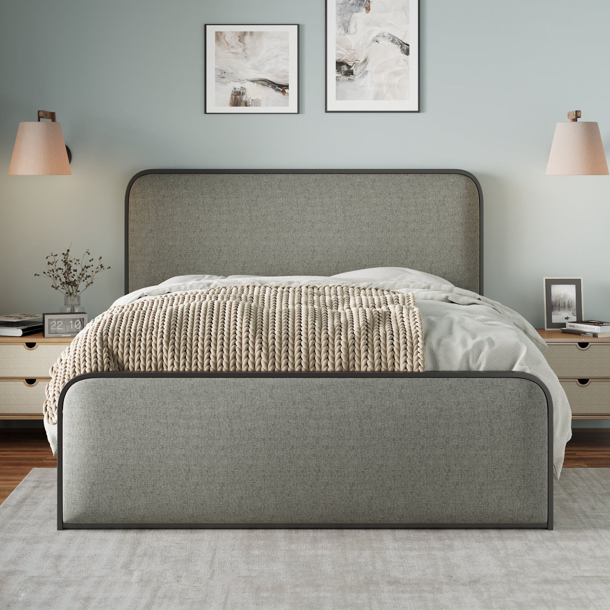 Modern Metal Bed Frame With Curved Upholstered Headboard And Footboard Bed With Under Bed Storage, Heavy Duty Metal Slats, King Size, Grey Grey Metal Modern Metal