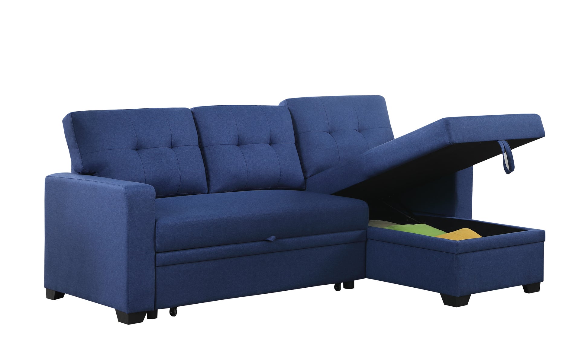 Upholstered Pull Out Sectional Sofa With Chaise Blue Foam Linen