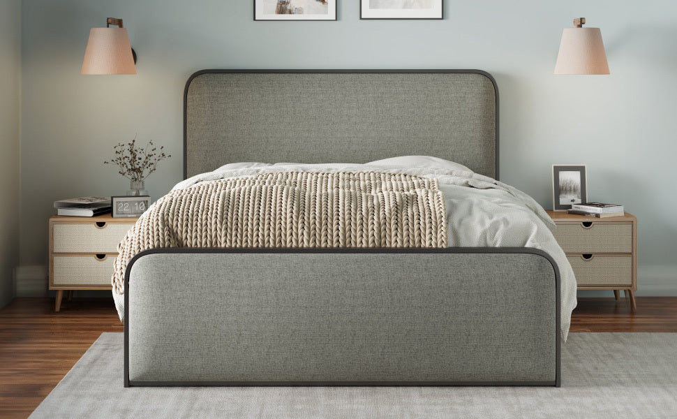 Modern Metal Bed Frame With Curved Upholstered Headboard And Footboard Bed With Under Bed Storage, Heavy Duty Metal Slats, Full Size, Grey Grey Metal Modern Metal