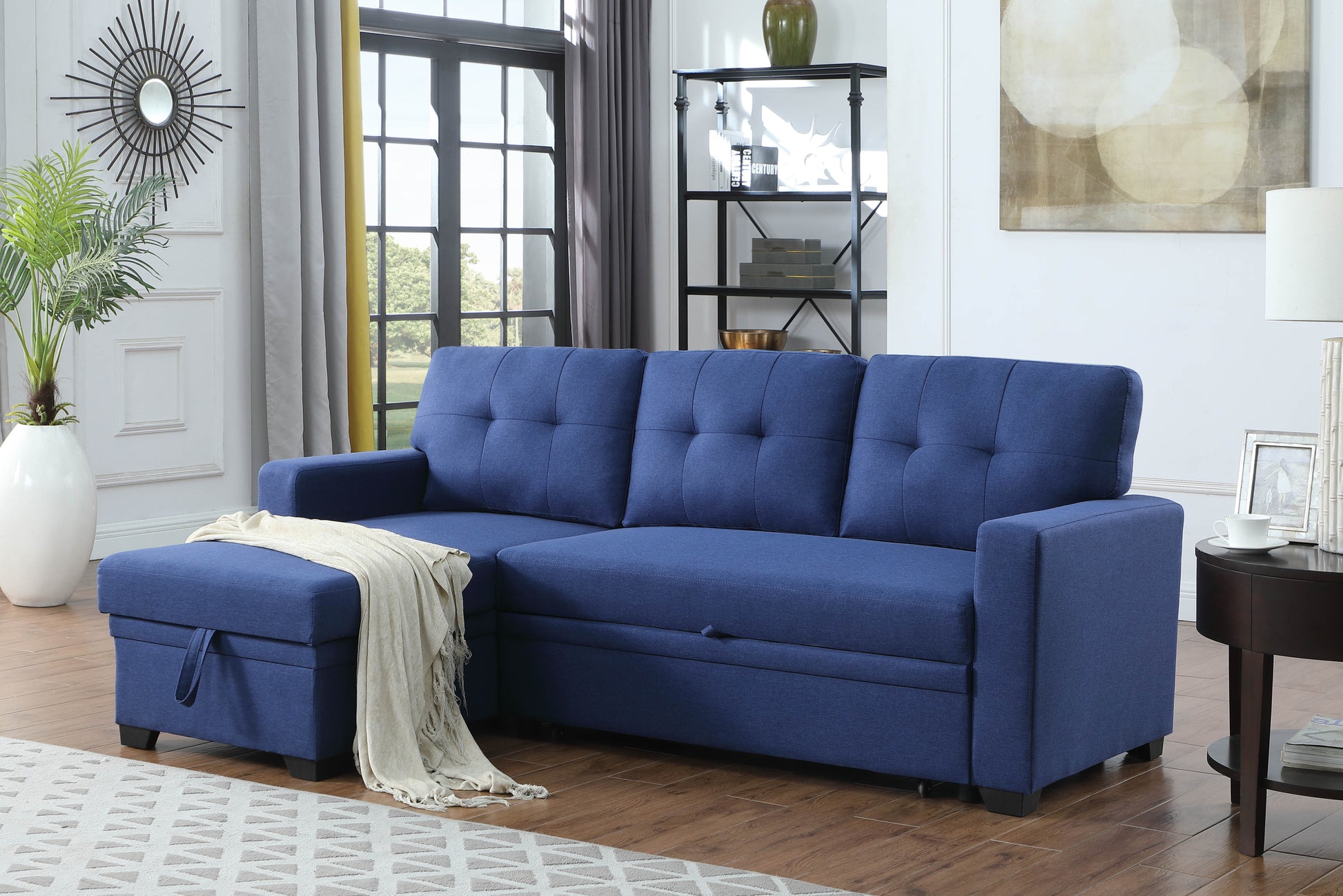 Upholstered Pull Out Sectional Sofa With Chaise Blue Foam Linen