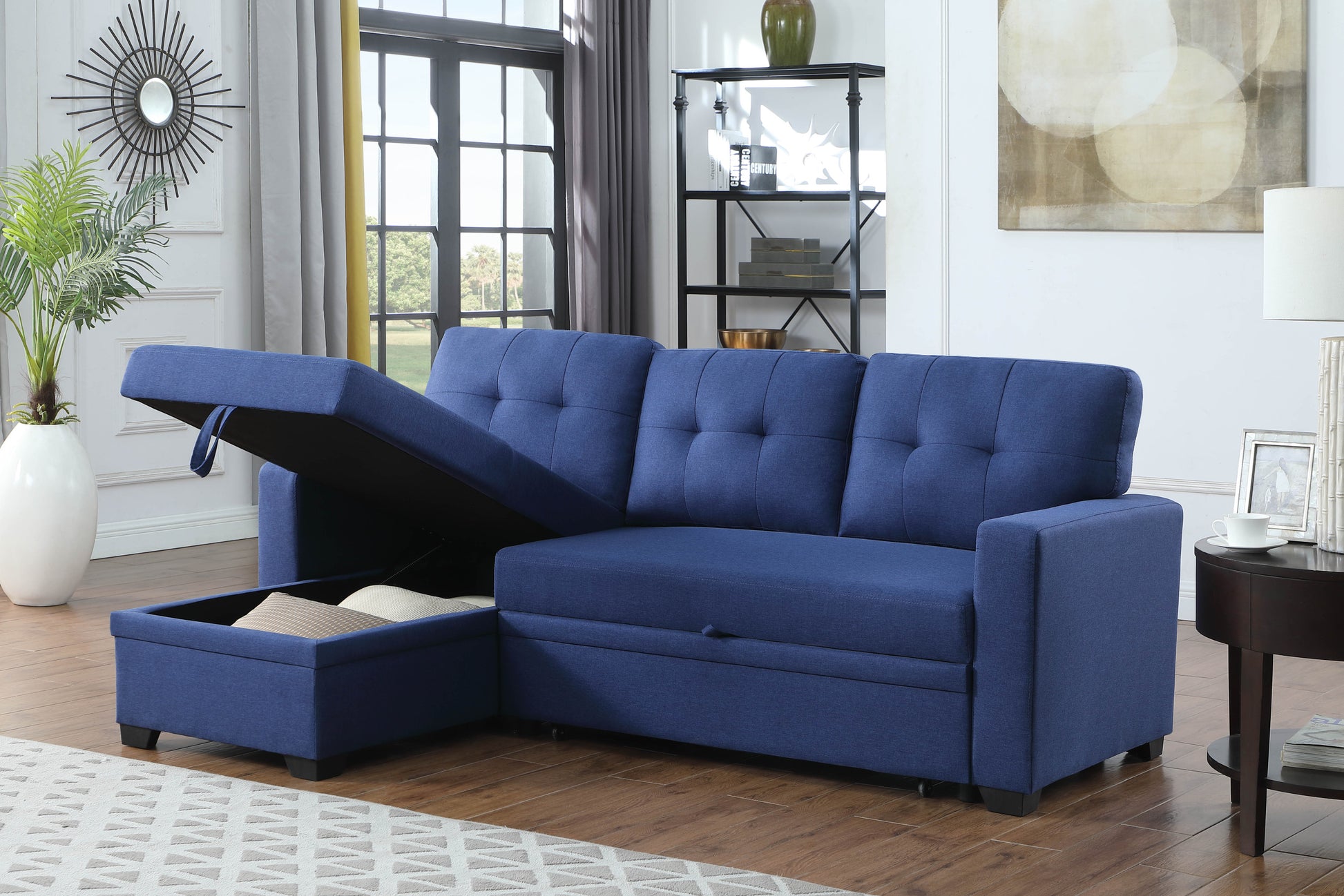 Upholstered Pull Out Sectional Sofa With Chaise Blue Foam Linen