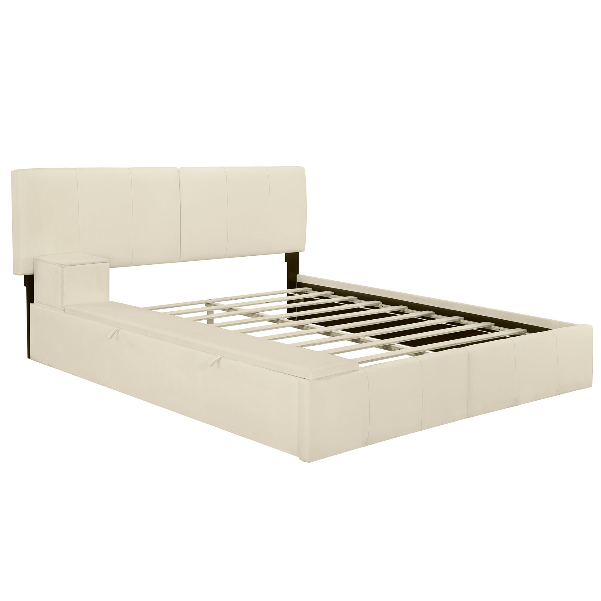 Queen Size Upholstered Platform Bed With Lateral Storage Compartments And Thick Fabric, Velvet, Beige Beige Velvet