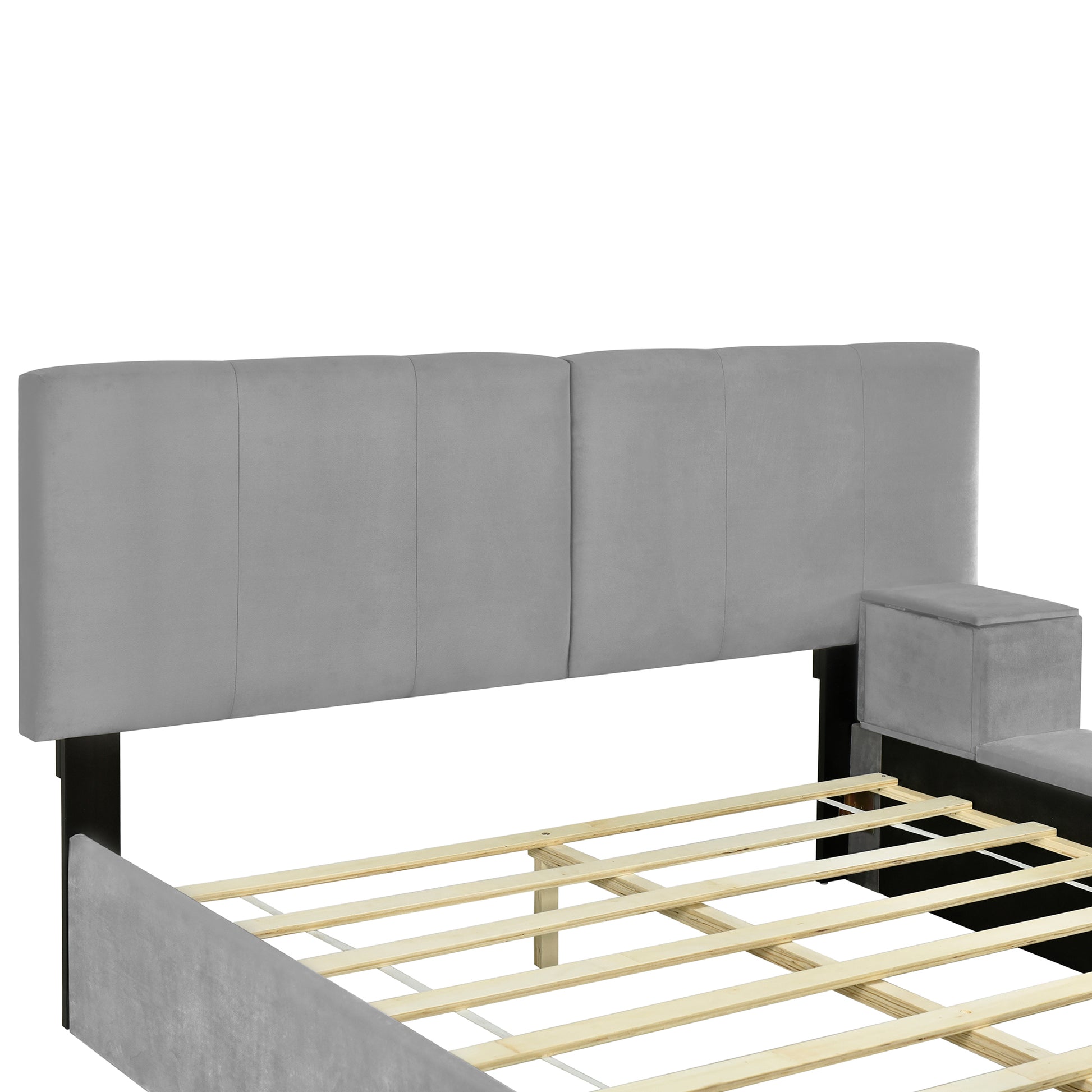 Queen Size Upholstered Platform Bed With Lateral Storage Compartments And Thick Fabric, Velvet, Gray Gray Velvet