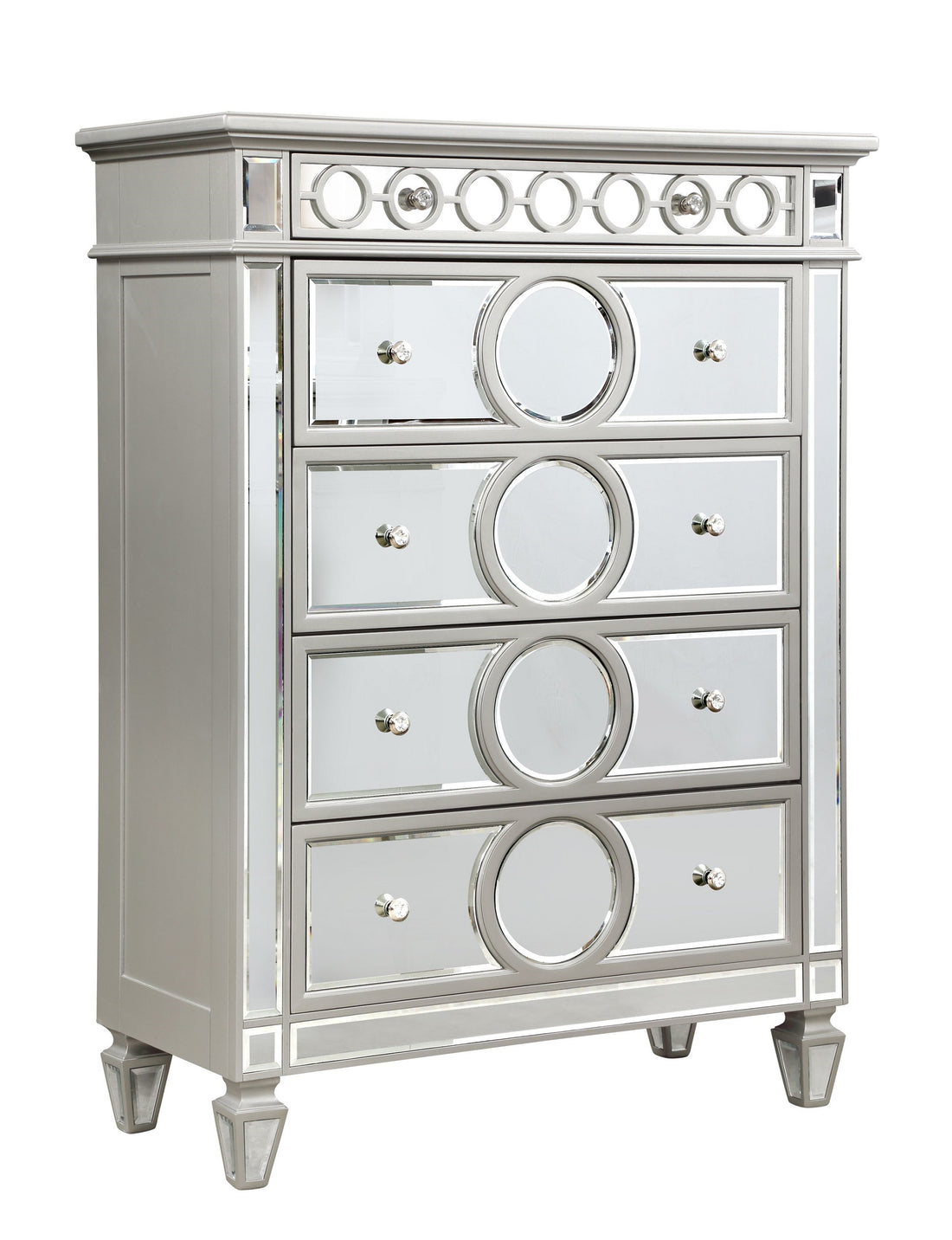 Symphony Modern Style Mirror Front 5 Drawer Chest With Diamond Shaped Legs And Made With Wood In Silver Silver Drawer 5 Drawers & Above Bedroom Ball Bearing Glides Modern Mirrored Finish Silver Solid Wood Mdf Wood