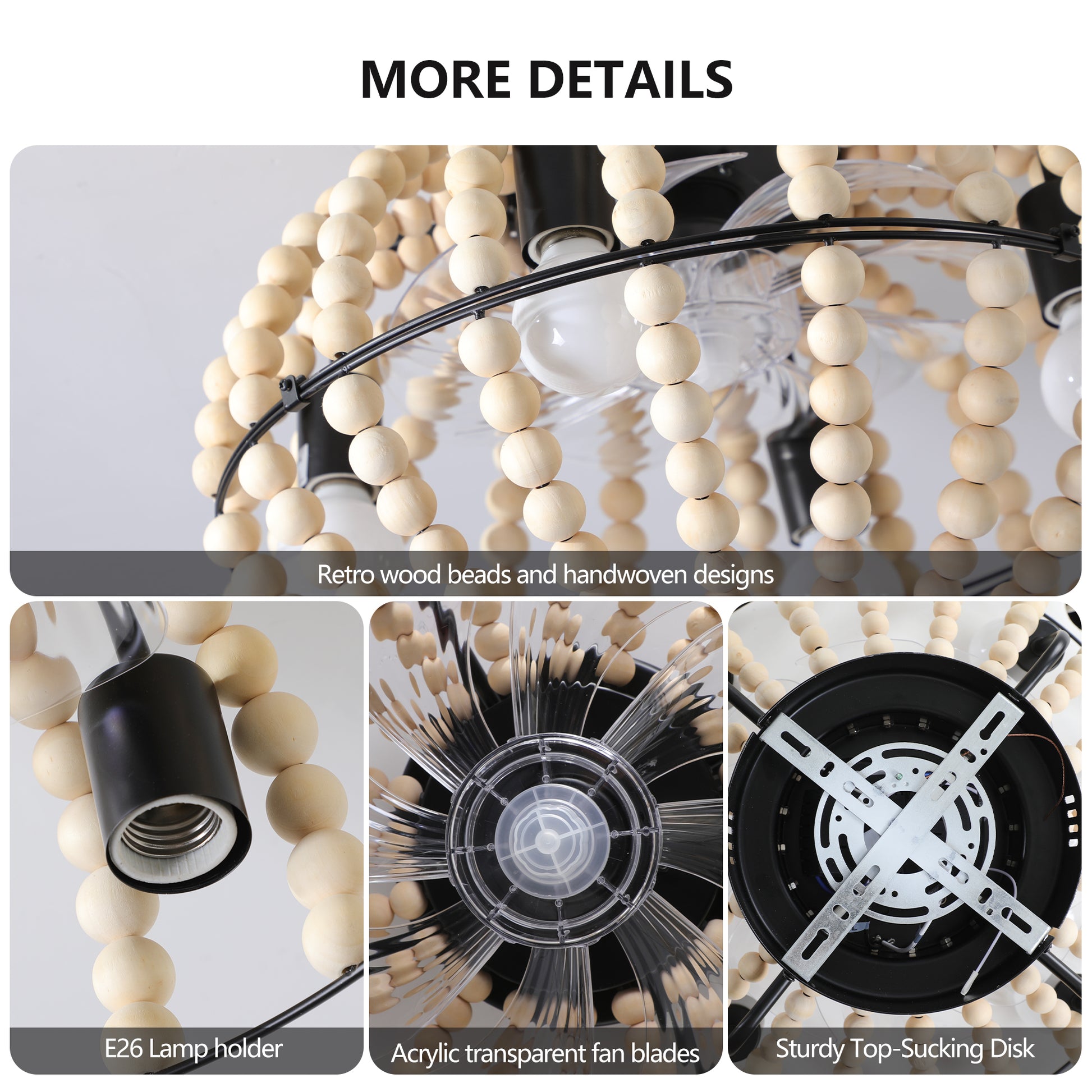 Beaded Fan Lamp Wood Beaded Chandelier Oak White White Modern Iron