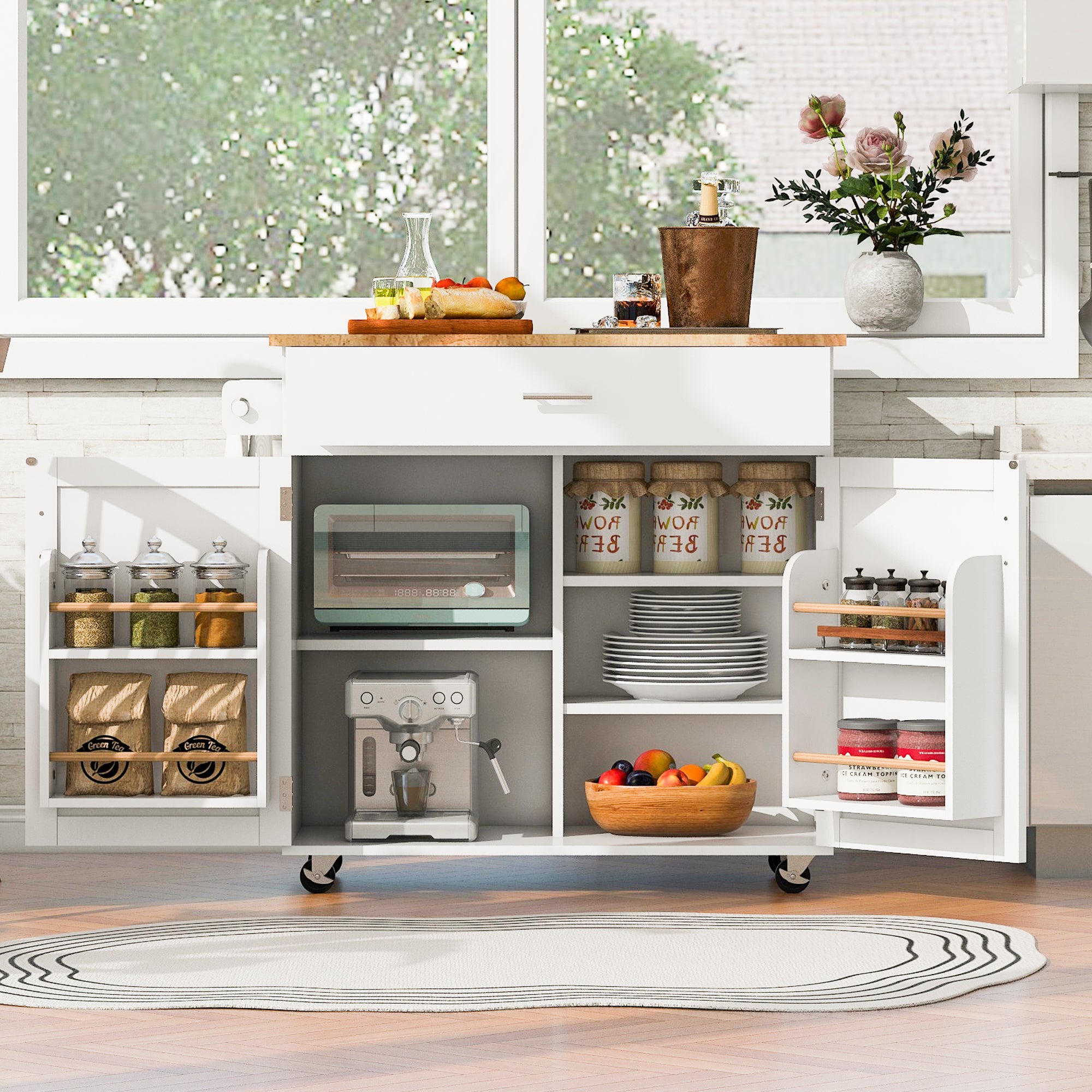 K&K Rolling Kitchen Island With Storage, Kitchen Cart With Rubber Wood Top, Spacious Drawer With Divider And Internal Storage Rack, Kitchen Island On Wheels With Adjustable Shelf Tower Rack, White White Kitchen Classic,European,Modern Rectangular Kitchen