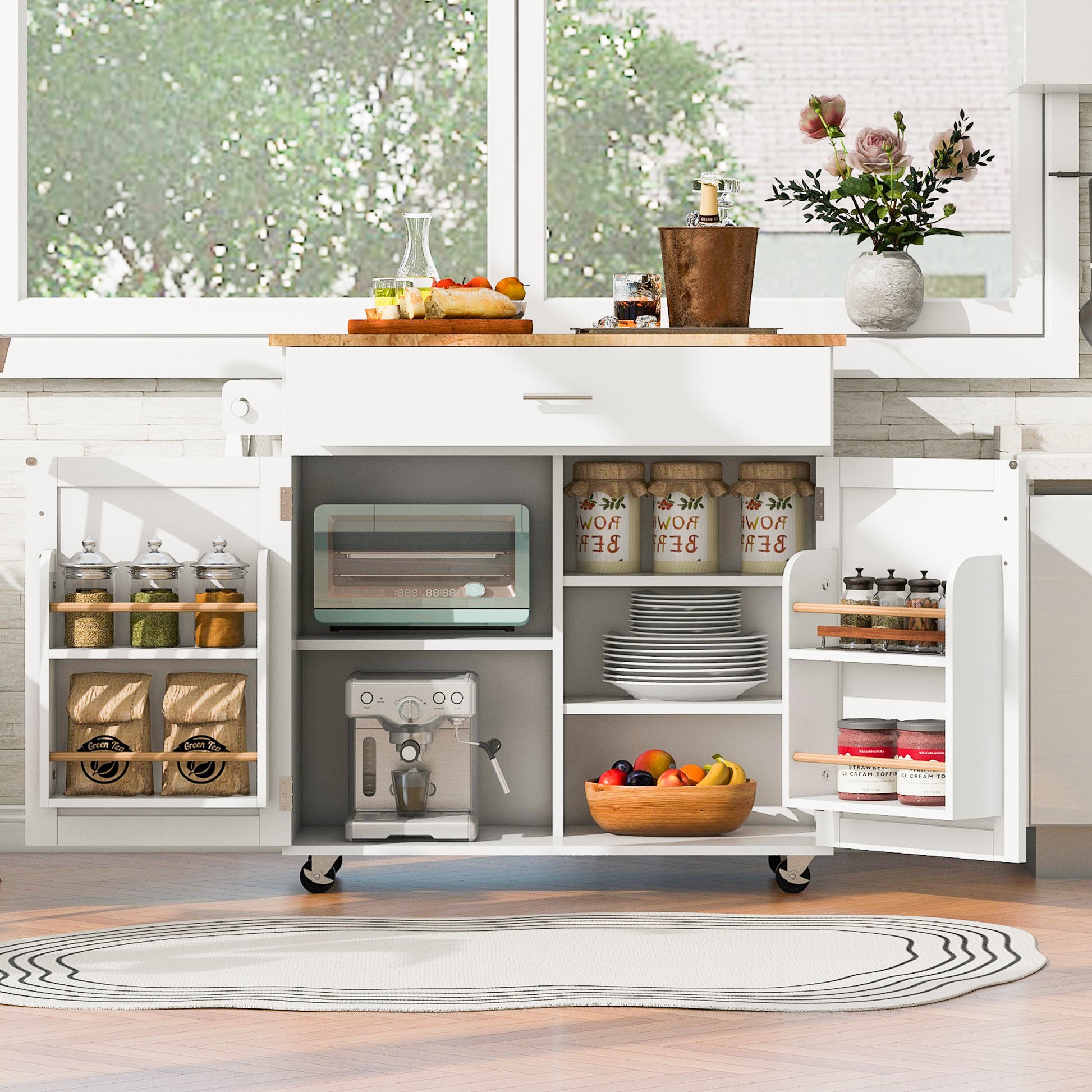 K&K Rolling Kitchen Island With Storage, Kitchen Cart With Rubber Wood Top, Spacious Drawer With Divider And Internal Storage Rack, Kitchen Island On Wheels With Adjustable Shelf Tower Rack, White White Kitchen Classic,European,Modern Rectangular Kitchen