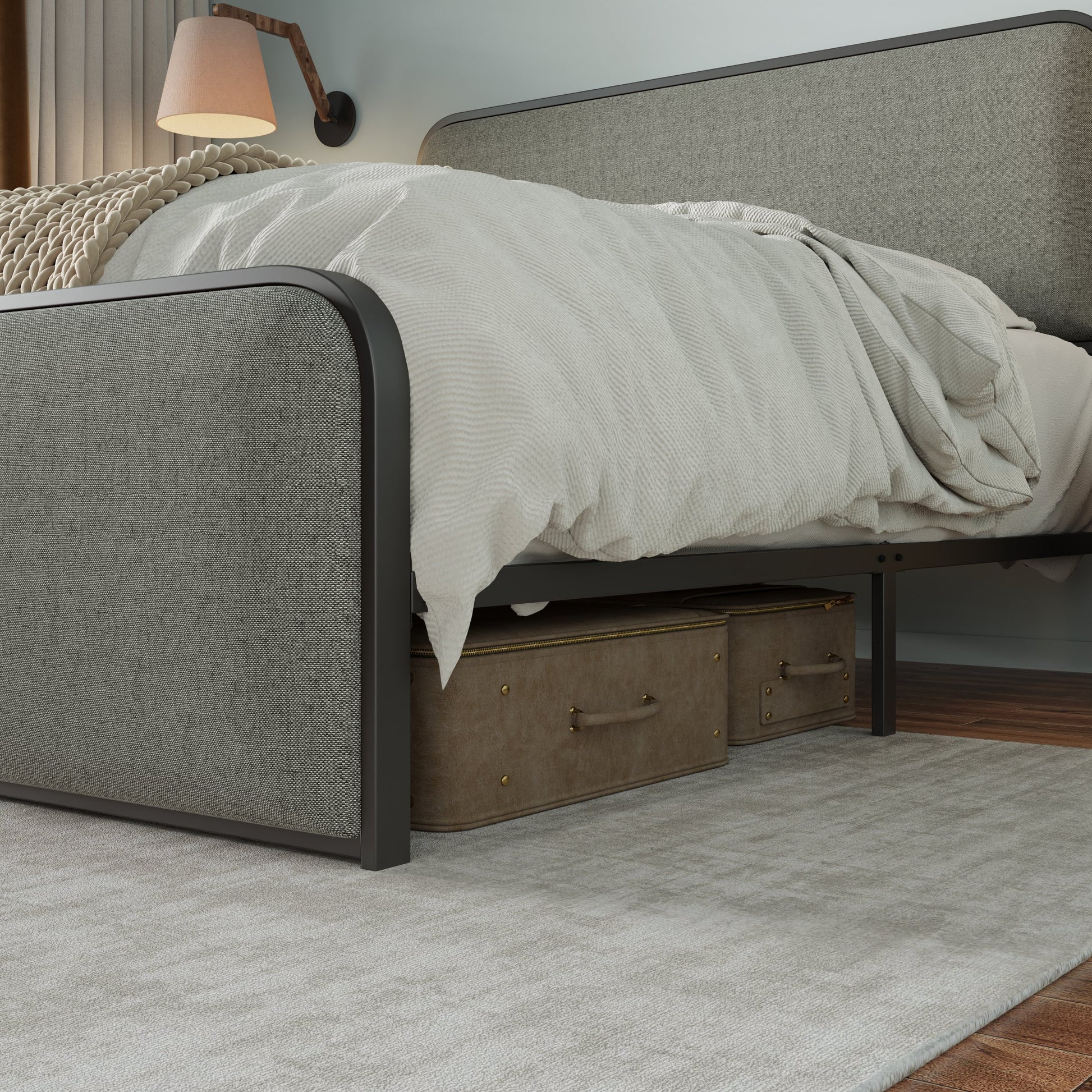 Modern Metal Bed Frame With Curved Upholstered Headboard And Footboard Bed With Under Bed Storage, Heavy Duty Metal Slats, King Size, Grey Grey Metal Modern Metal