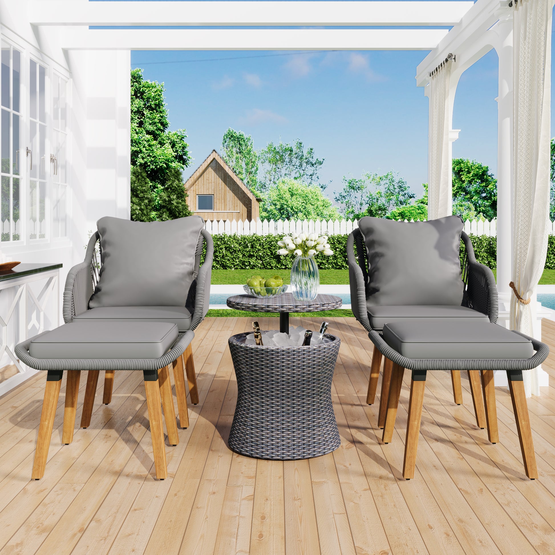 K&K 5 Pieces Patio Furniture Chair Sets, Patio Conversation Set With Wicker Cool Bar Table, Ottomans,Outdoor Furniture Bistro Sets For Porch,Backyard,Balcony,Poolside Grey Yes Complete Patio Set Grey Weather Resistant Frame Fade Resistant Cushion Garden