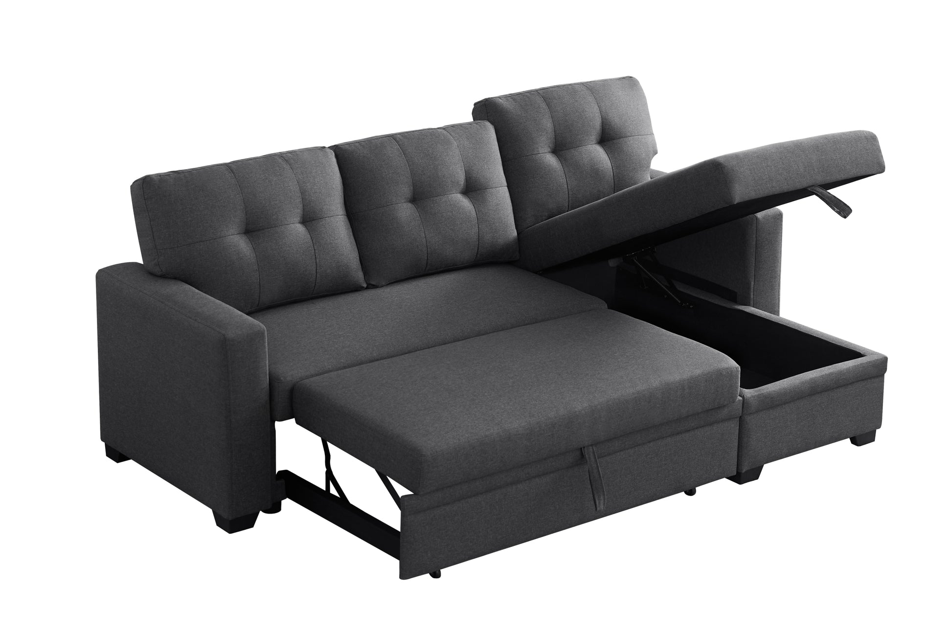 Upholstered Pull Out Sectional Sofa With Chaise Dark Gray Foam Linen