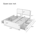 Modern Metal Bed Frame With Curved Upholstered Headboard And Footboard Bed With 4 Storage Drawers, Heavy Duty Metal Slats, Queen Size, Grey Grey Metal Modern Metal