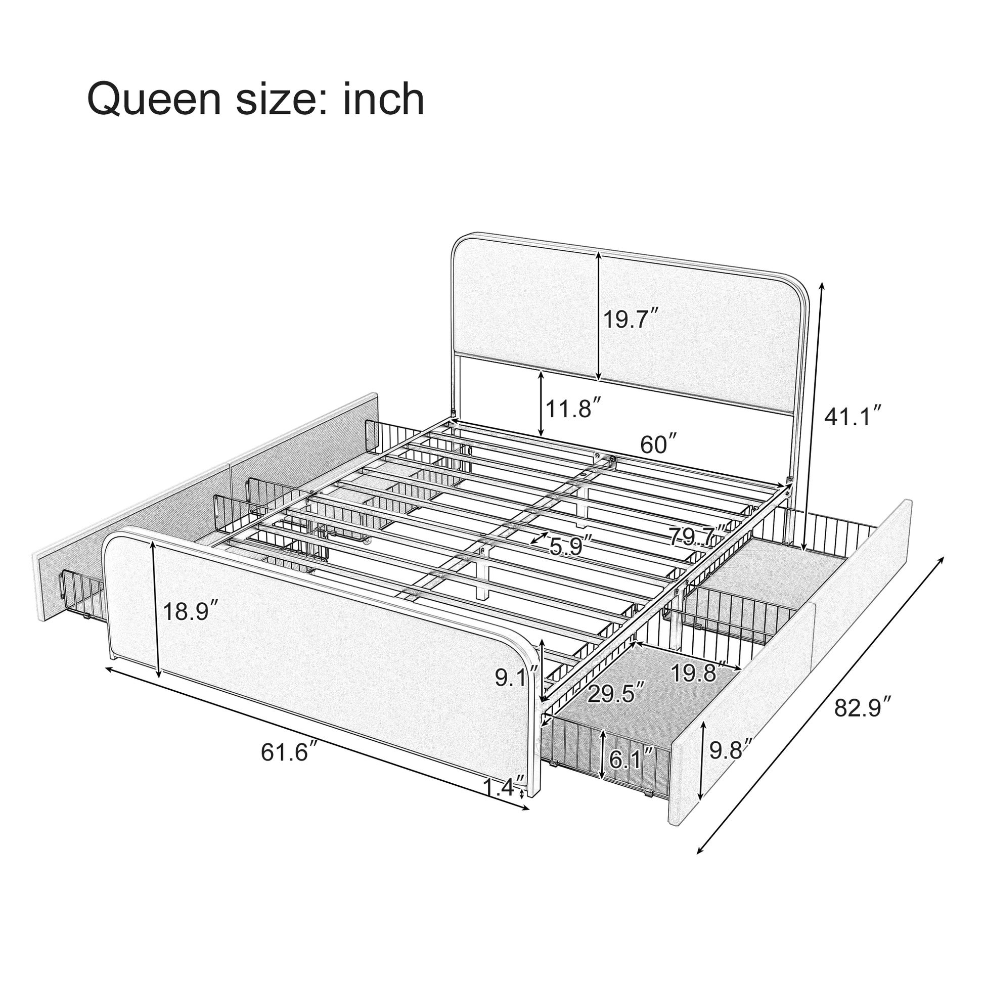 Modern Metal Bed Frame With Curved Upholstered Headboard And Footboard Bed With 4 Storage Drawers, Heavy Duty Metal Slats, Queen Size, Grey Grey Metal Modern Metal