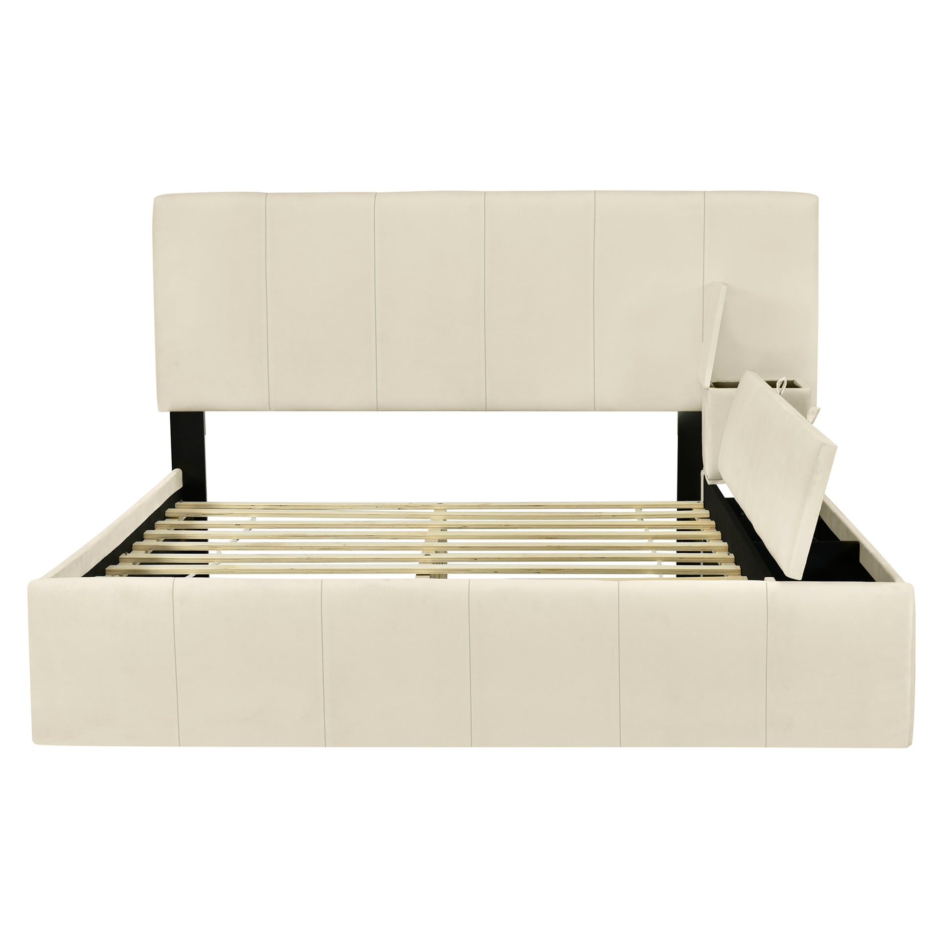 Full Size Upholstered Platform Bed With Lateral Storage Compartments And Thick Fabric, Velvet, Beige Beige Velvet