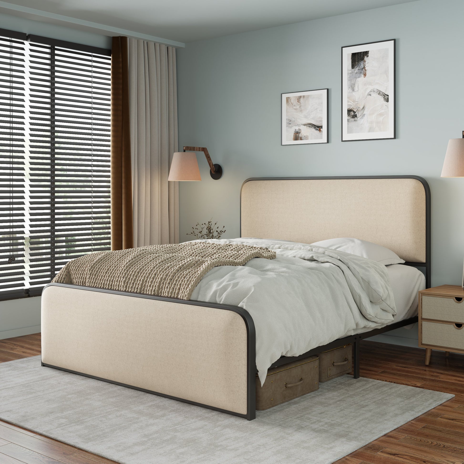 Modern Metal Bed Frame With Curved Upholstered Headboard And Footboard Bed With Under Bed Storage, Heavy Duty Metal Slats, Full Size, Beige Full Beige Metal Modern Metal