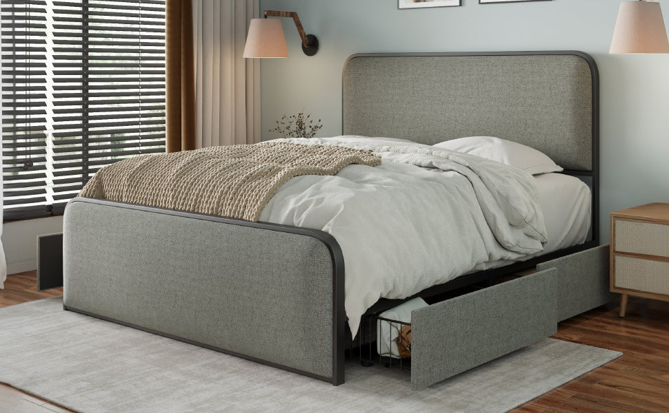 Modern Metal Bed Frame With Curved Upholstered Headboard And Footboard Bed With 4 Storage Drawers, Heavy Duty Metal Slats, King Size, Grey Grey Metal Modern Metal