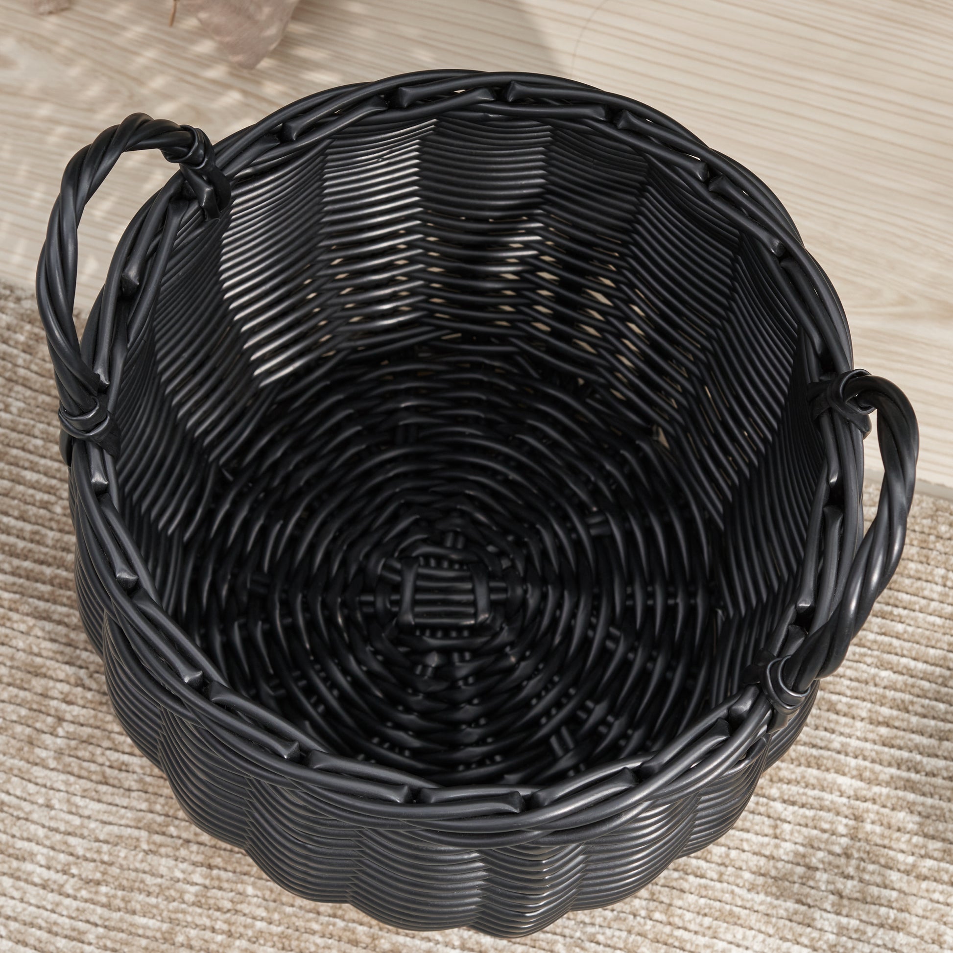 Lucius Round Resin Woven Wicker Basket With Handles 13" X 13" X 13" Black For Clothes, Towels, Toys, Magazines Storage And Home Decoration Black Wicker Wicker