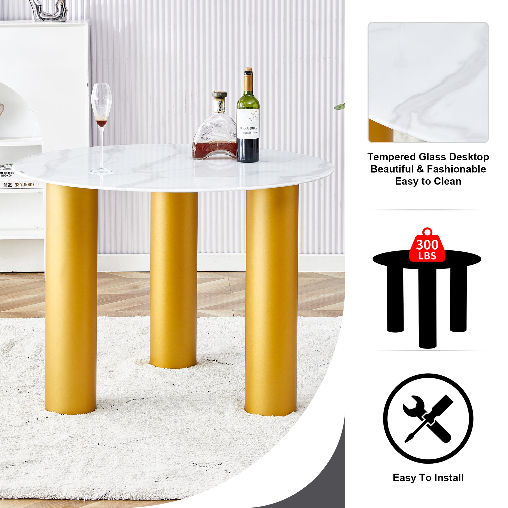 Round White Dining Table, Artificial Marble Glass Stickers, Golden Mdf Legs, Kitchen Dining Table, Living Room Dining Table 40 "* 40" * 29.4 "F X03 White Mdf