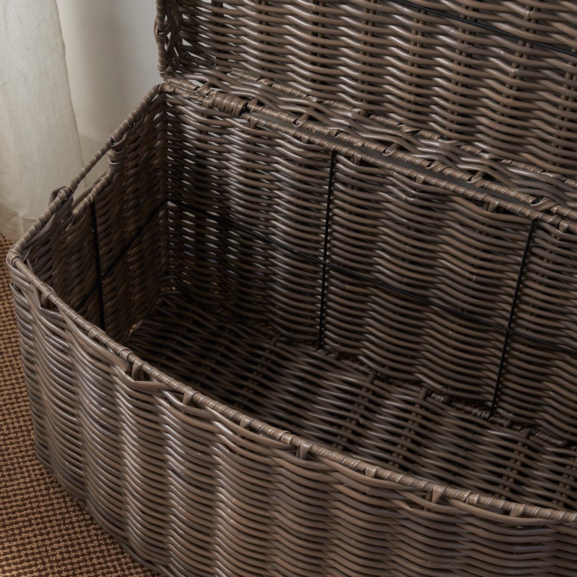 Joseph Rectangular Curve Resin Woven Wicker Trunk With Handles 24" X 14" X 15" Chocolate Brown For Clothes, Towels, Toys, Magazine Storage And Home Decoration Walnut Brown Wicker Wicker