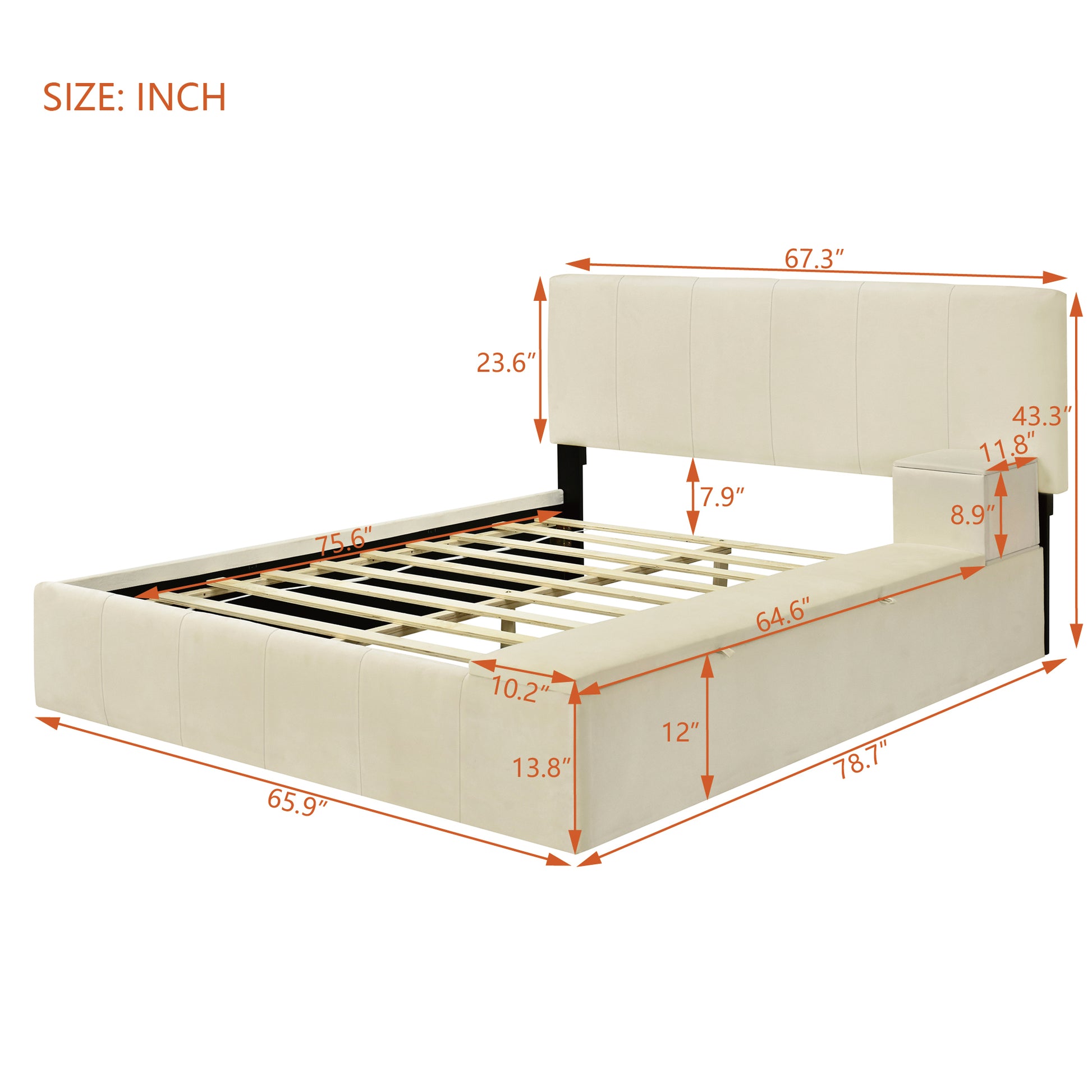 Full Size Upholstered Platform Bed With Lateral Storage Compartments And Thick Fabric, Velvet, Beige Beige Velvet