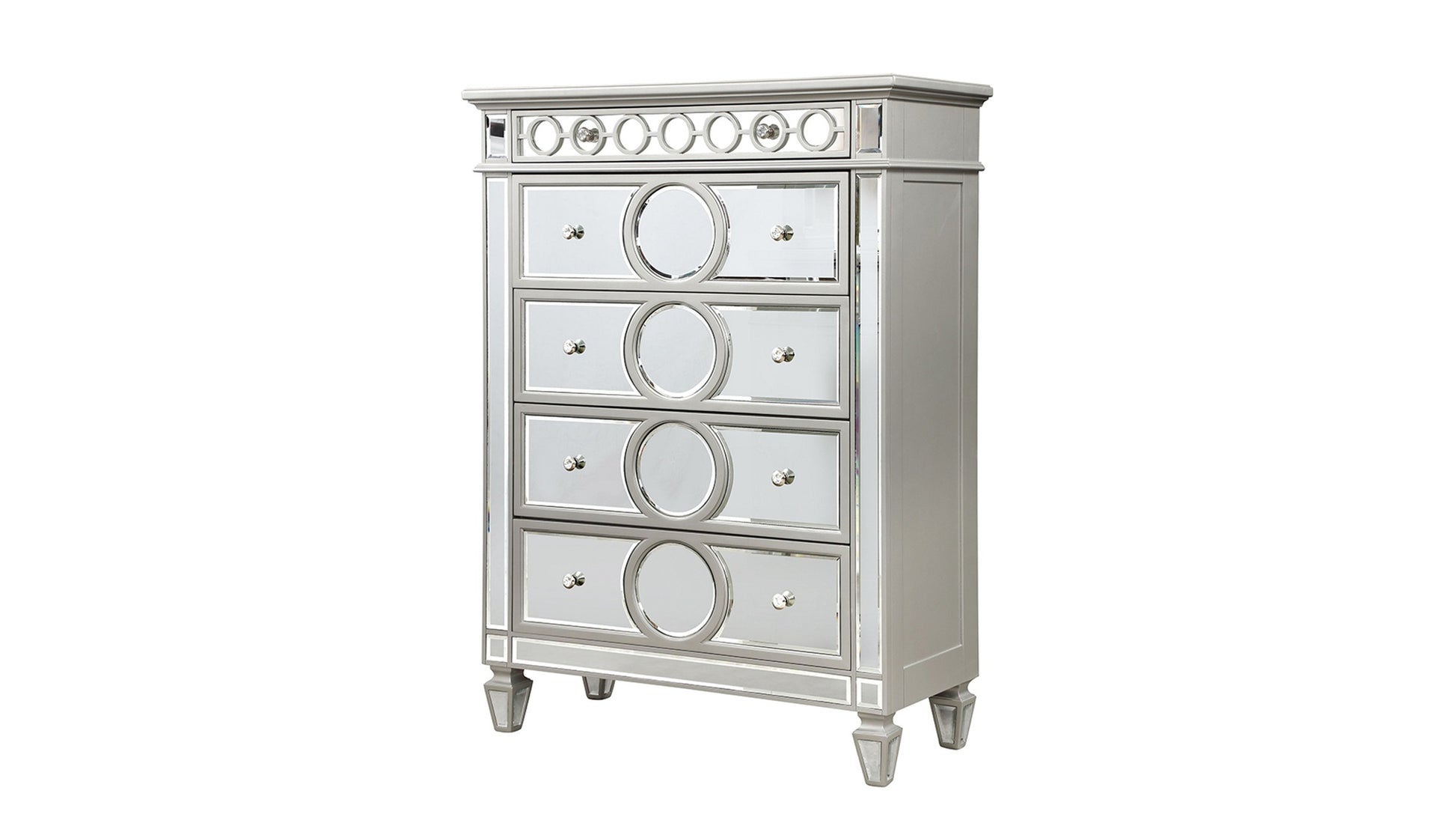 Symphony Modern Style Mirror Front 5 Drawer Chest With Diamond Shaped Legs And Made With Wood In Silver Silver Drawer 5 Drawers & Above Bedroom Ball Bearing Glides Modern Mirrored Finish Silver Solid Wood Mdf Wood