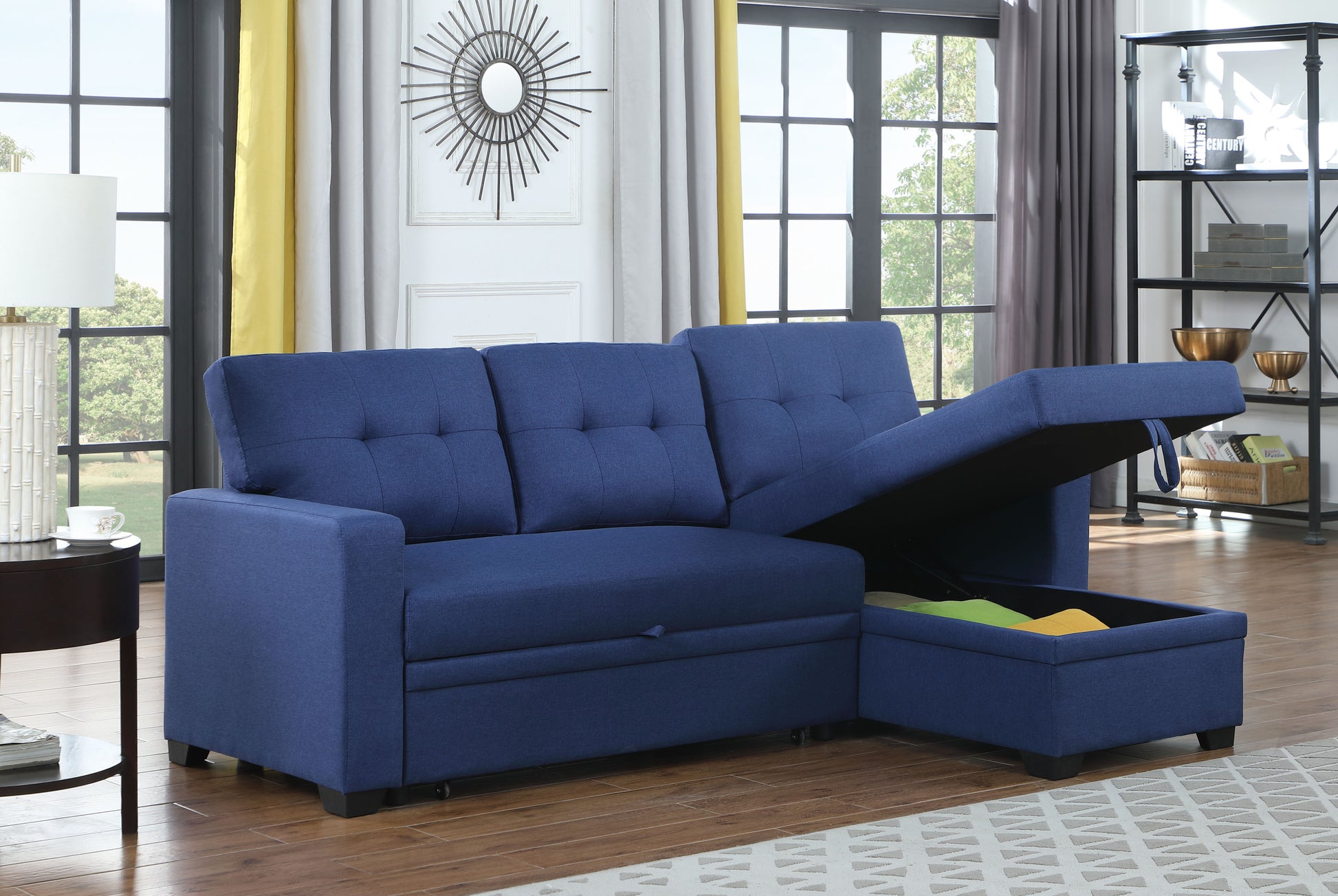 Upholstered Pull Out Sectional Sofa With Chaise Blue Foam Linen