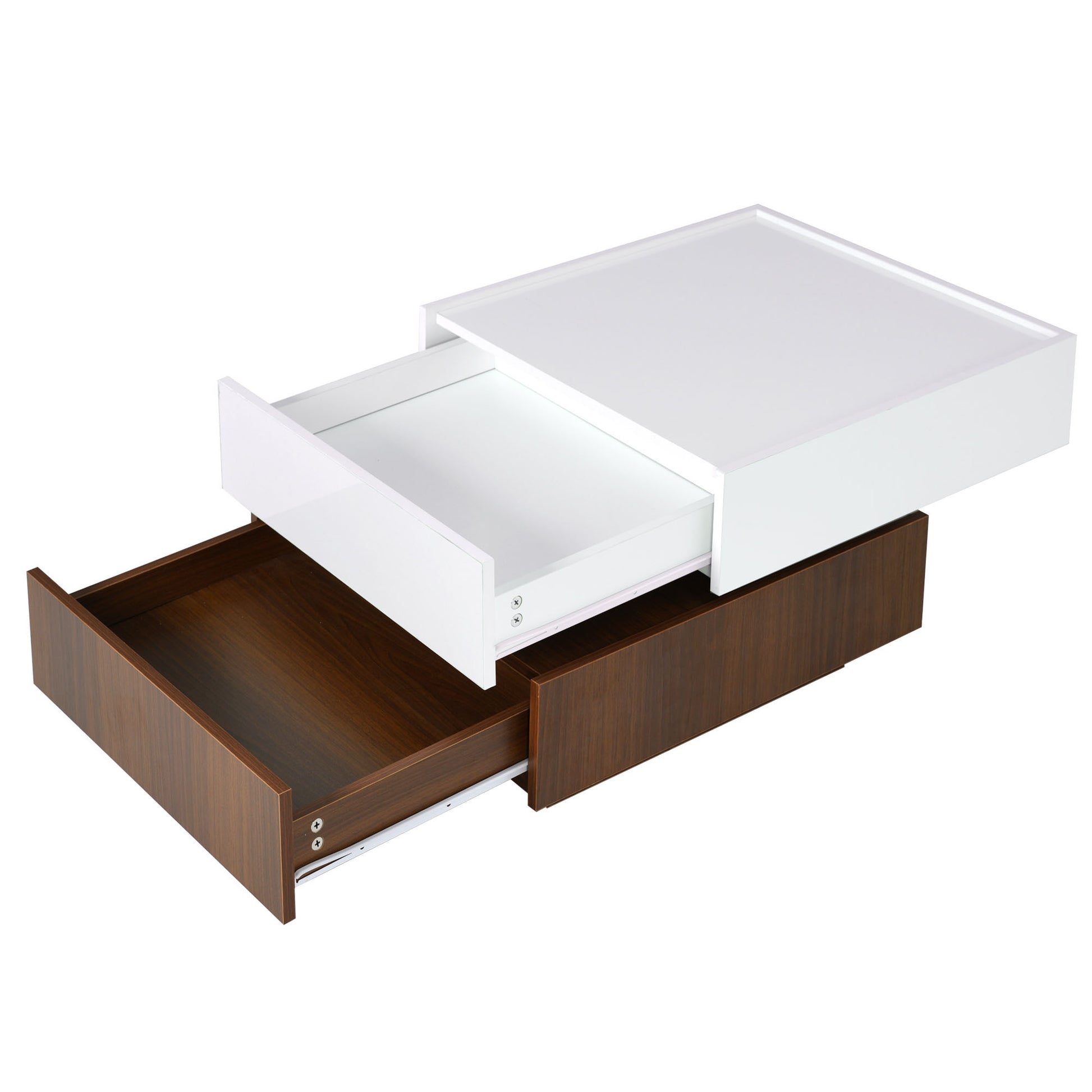 Square 360 Rotating Coffee Table With 2 Drawers, High Gloss 2 Tier Center Table With Swivel Tabletop And Storage, Walnut Table Frame Side Table For Living Room, White White Walnut Primary Living Space Glossy Square Particle Board
